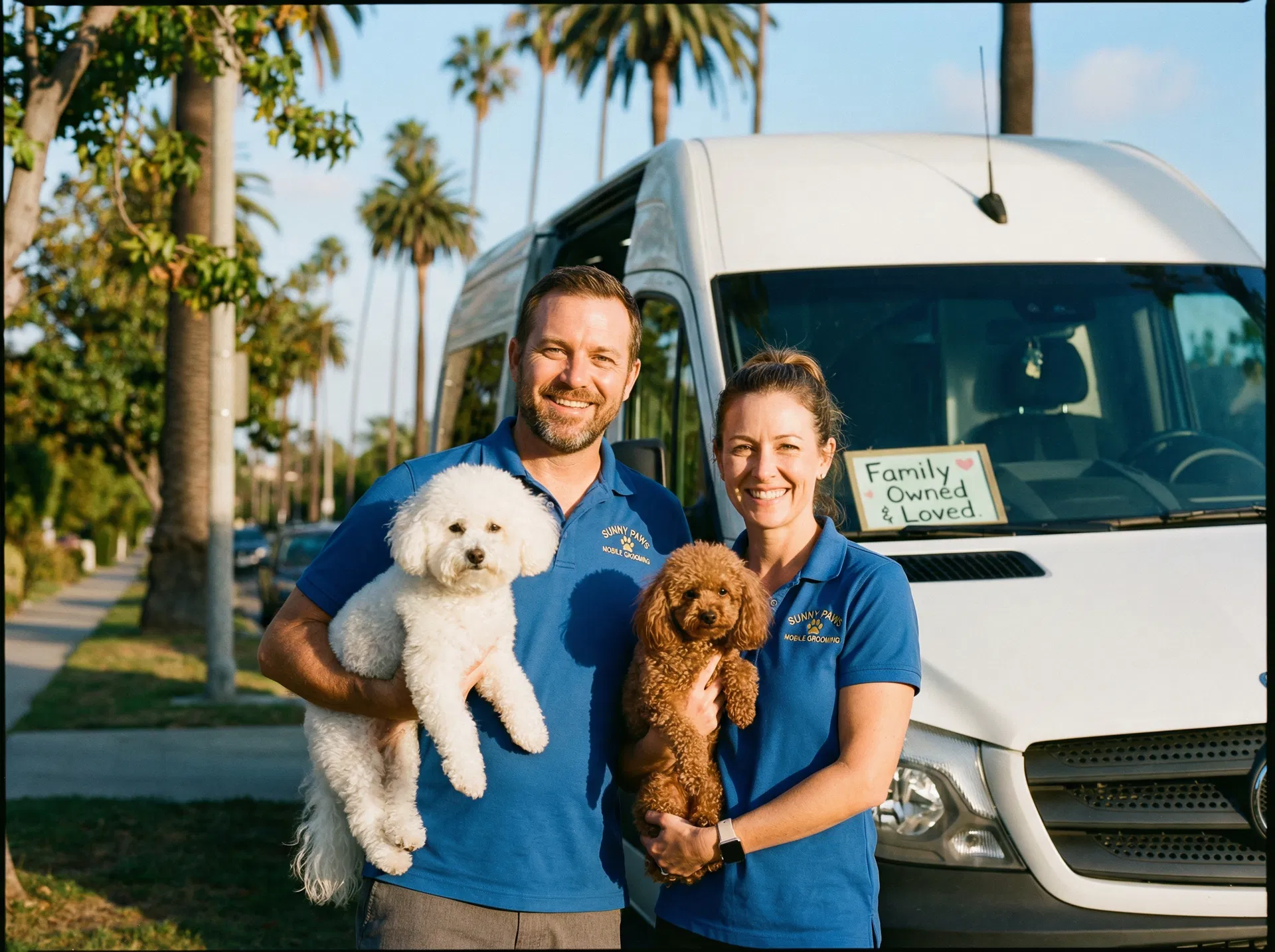 Marlo and Corwin, the owners of Cuddles N Suds, holding freshly groomed dogs in front of their mobile grooming van