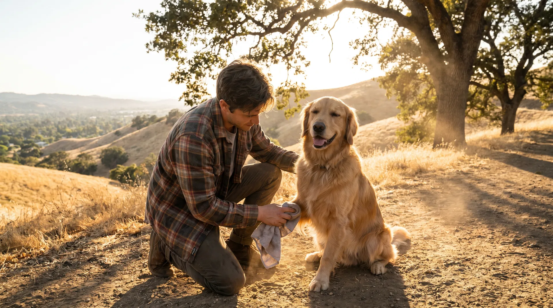 Pet owner wiping down a golden retriever's paws after a hike on the golden hills of the Conejo Valley with oak trees in the background