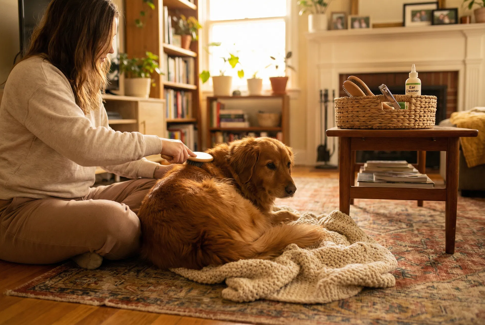 Pet owner gently brushing their dog at home between professional grooming visits