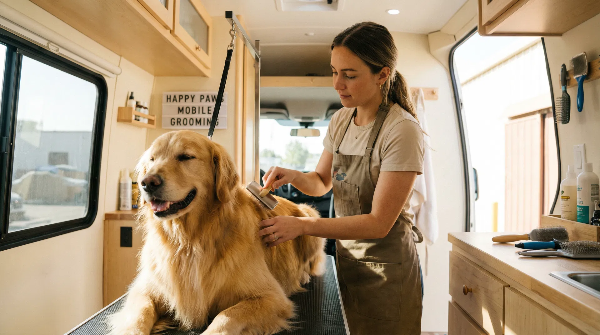 Professional mobile pet groomer gently brushing a golden-coated dog in a bright clean mobile grooming van