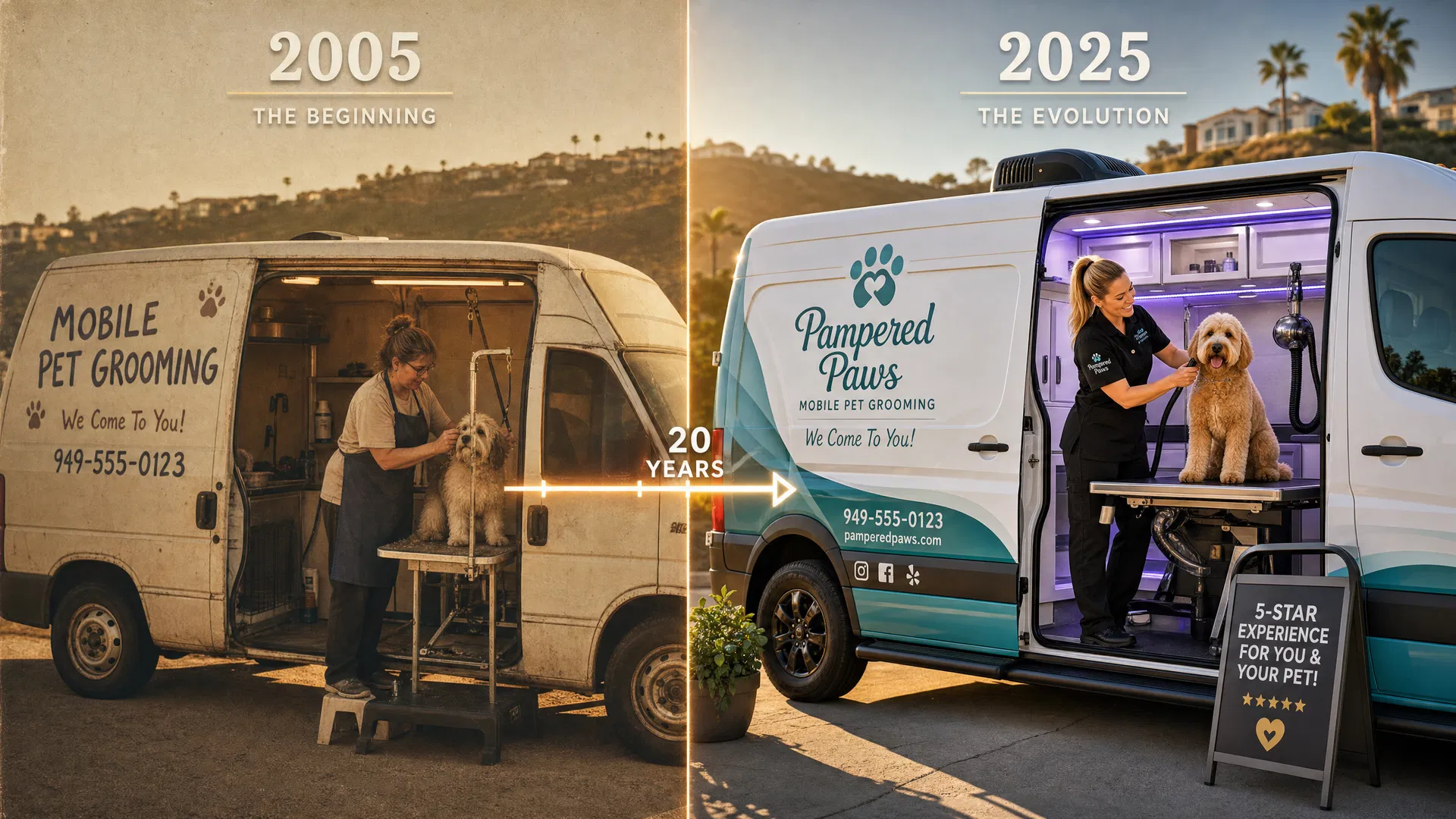 Split image showing the evolution of mobile pet grooming from a basic 2005 cargo van to a modern 2025 professional mobile grooming van in Southern California