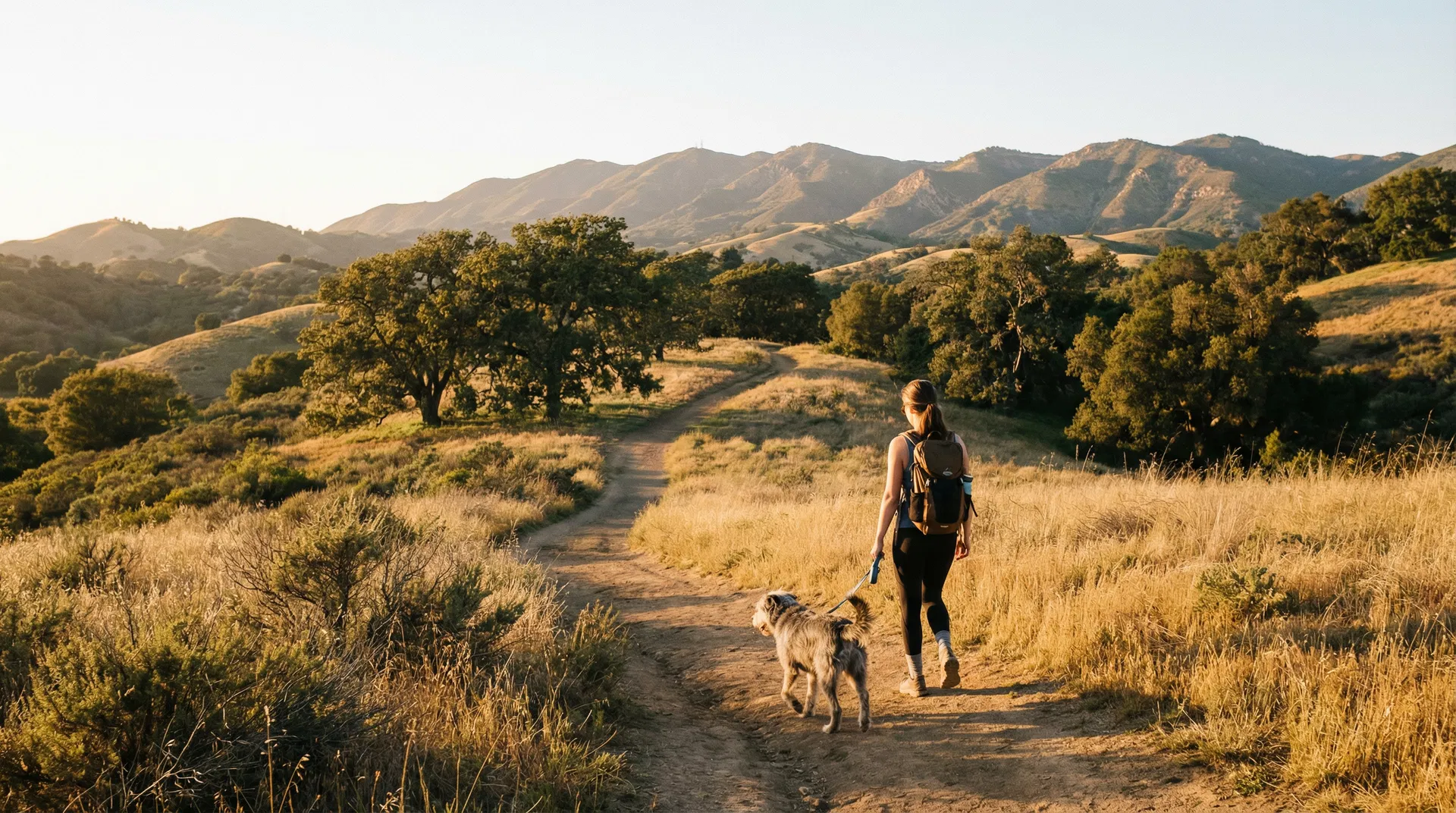 Person hiking with their dog on a trail in the Santa Monica Mountains near Thousand Oaks California