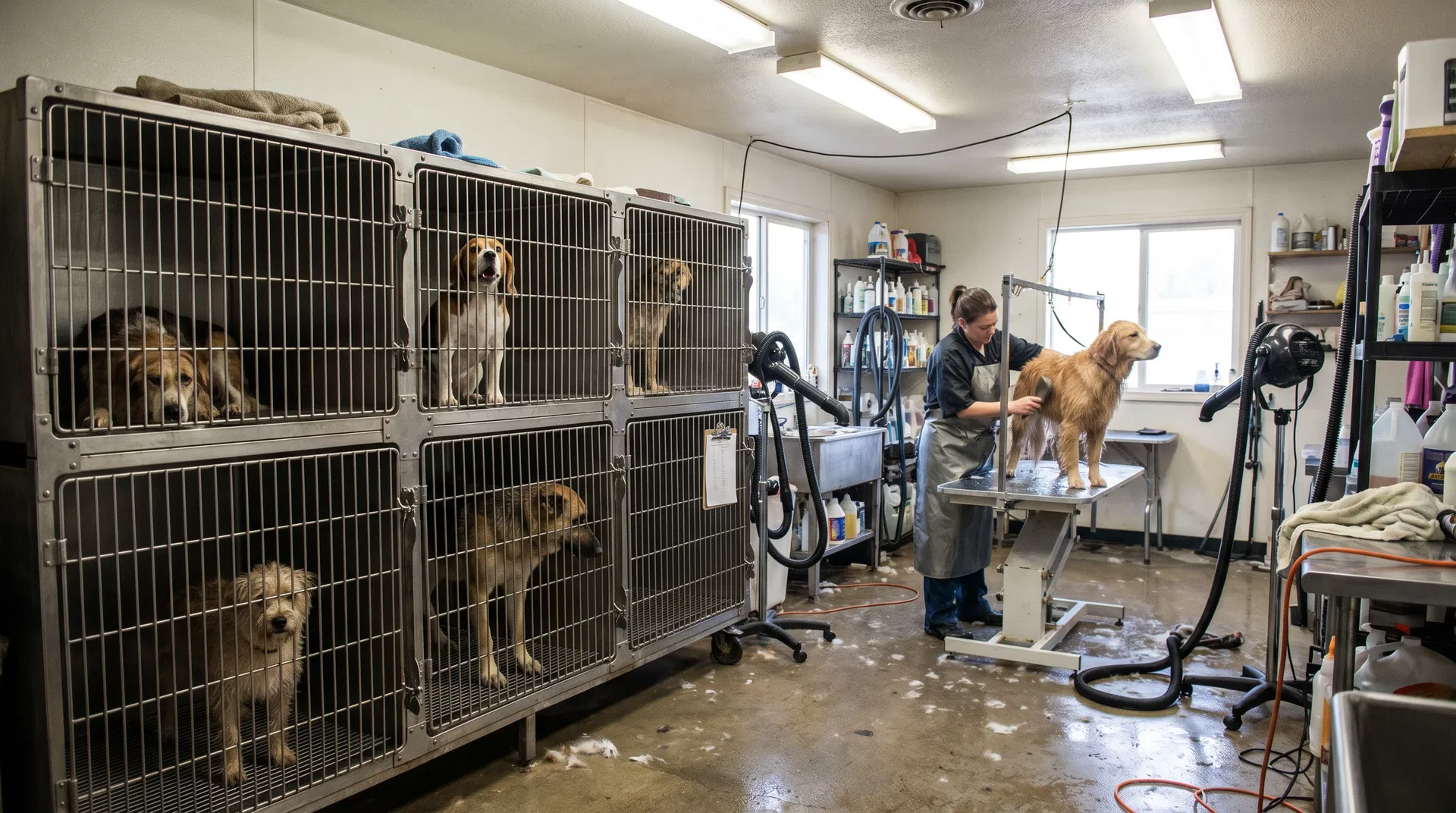 Dogs waiting in stacked metal kennels at a traditional grooming salon, showing the stressful environment with multiple animals, wet floors, and grooming equipment