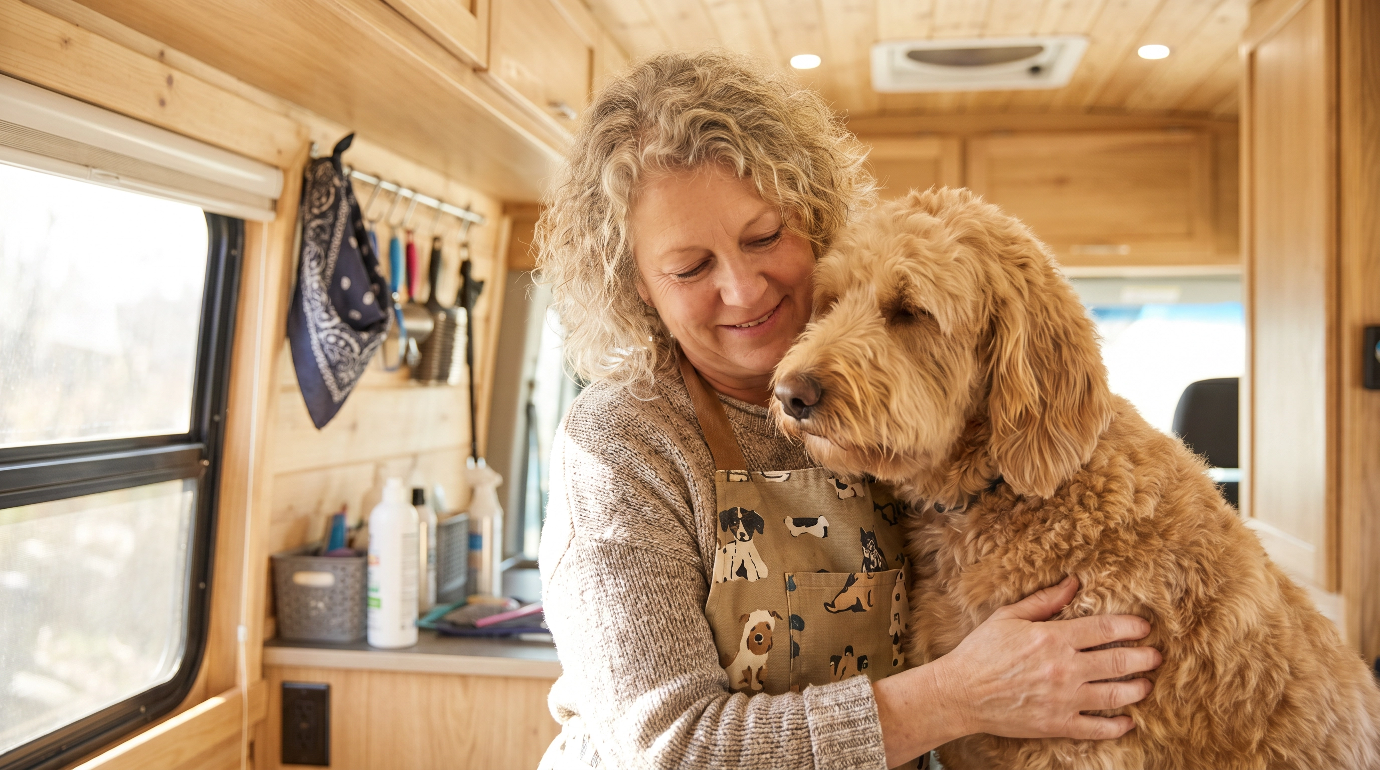 Marlo, owner of Cuddles N Suds mobile pet grooming, holding a golden doodle in her grooming van in Westlake Village California