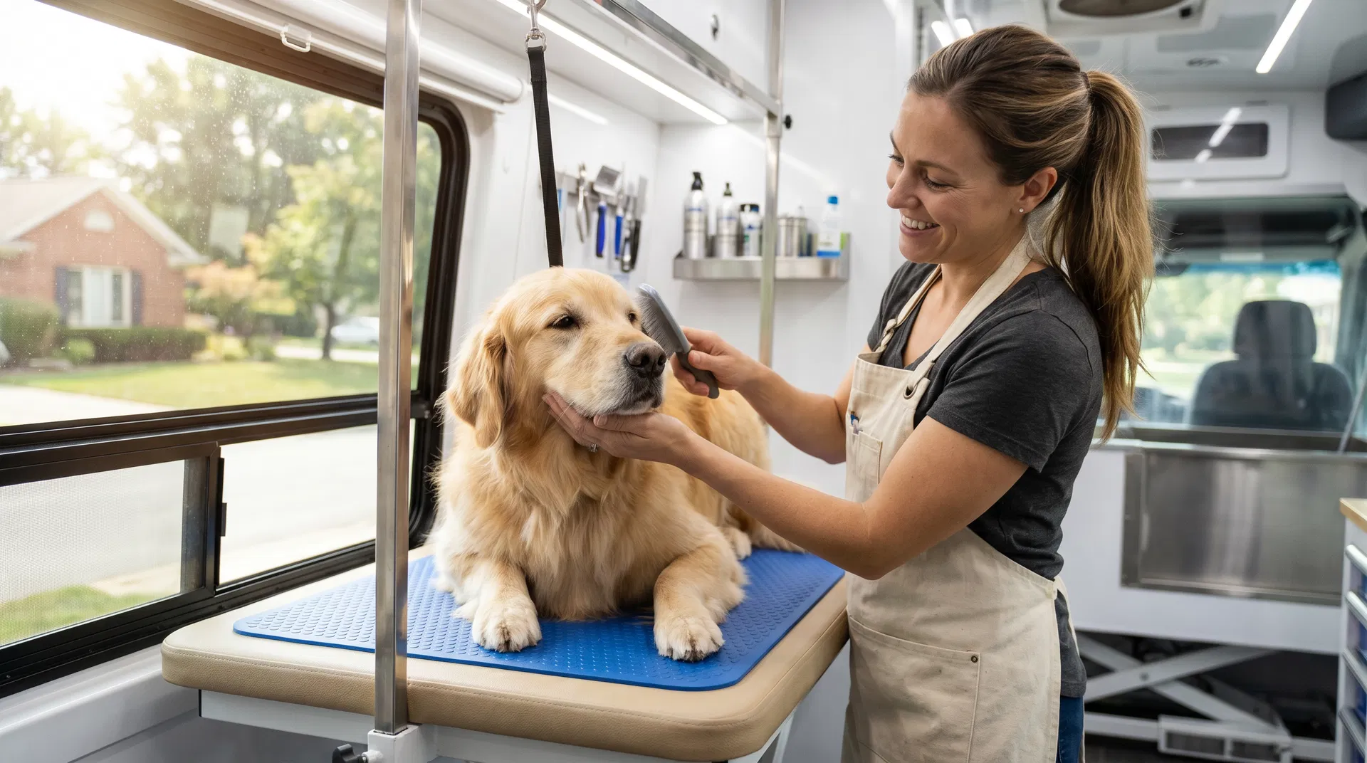 A relaxed golden retriever being gently groomed by a smiling groomer inside a bright, clean mobile grooming van with a suburban home visible through the window