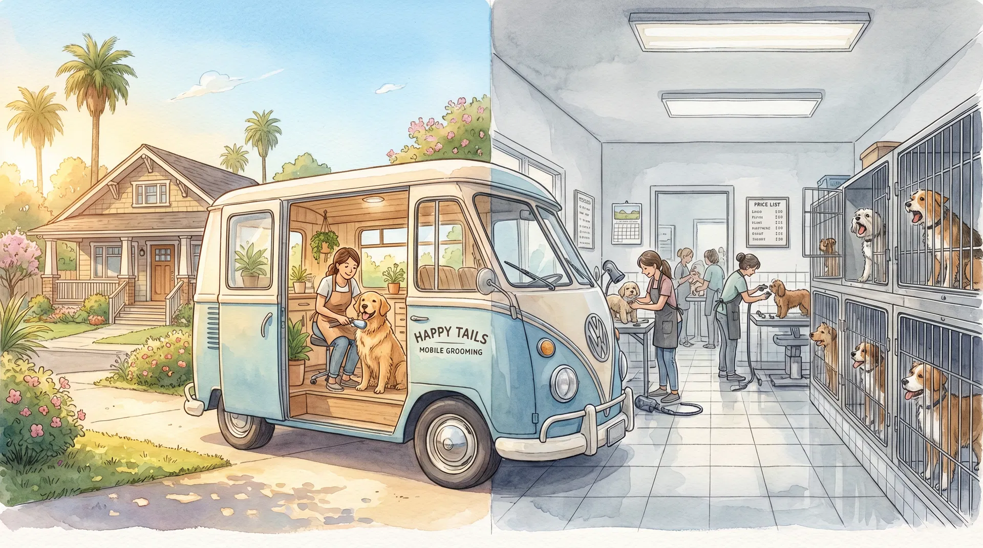Split comparison illustration showing a calm mobile grooming van in a sunny driveway versus a busy traditional grooming salon with cages