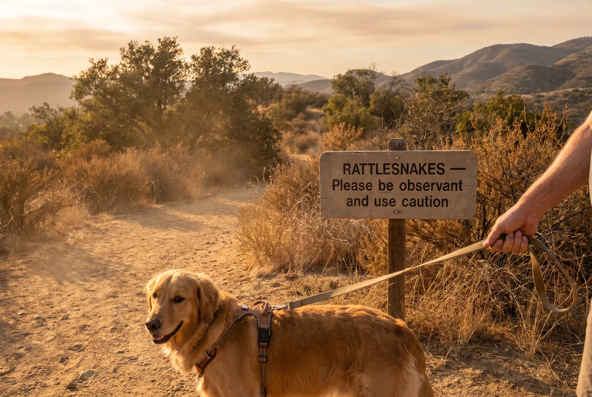 Golden retriever on leash next to a rattlesnake warning sign on a dusty Conejo Valley chaparral trail at golden hour