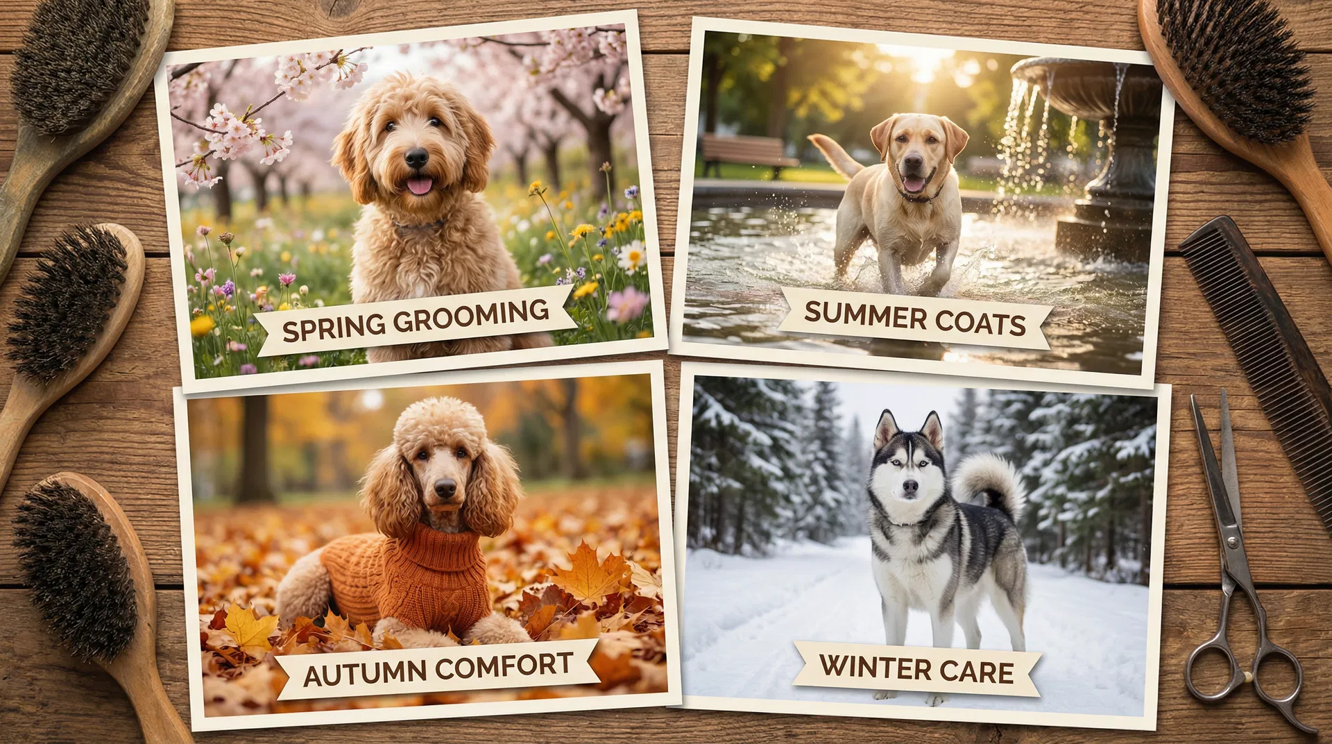 Four seasons of dog grooming showing different breeds in spring summer autumn and winter settings