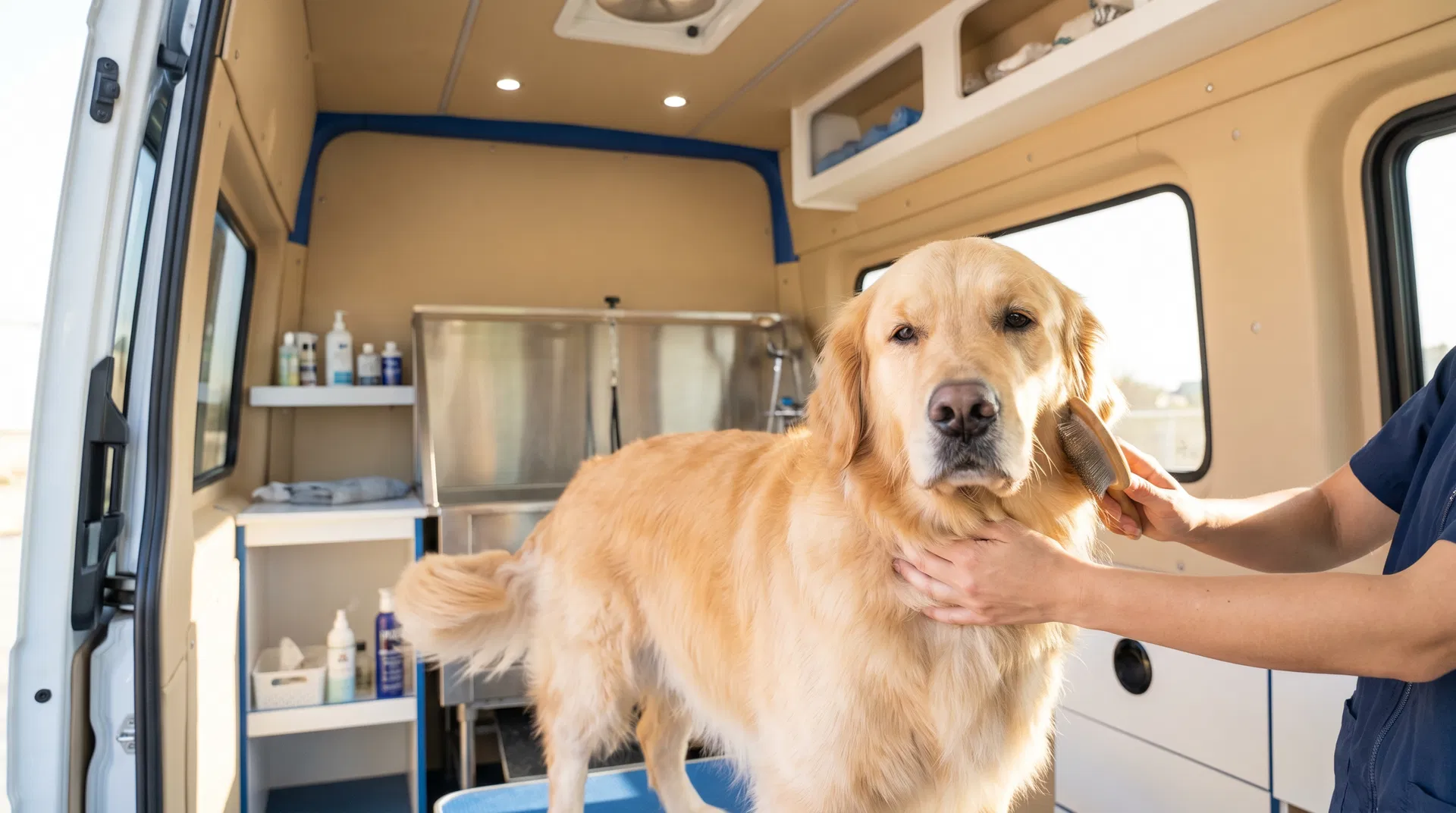 Happy dog being groomed in Cuddles N Suds mobile grooming van