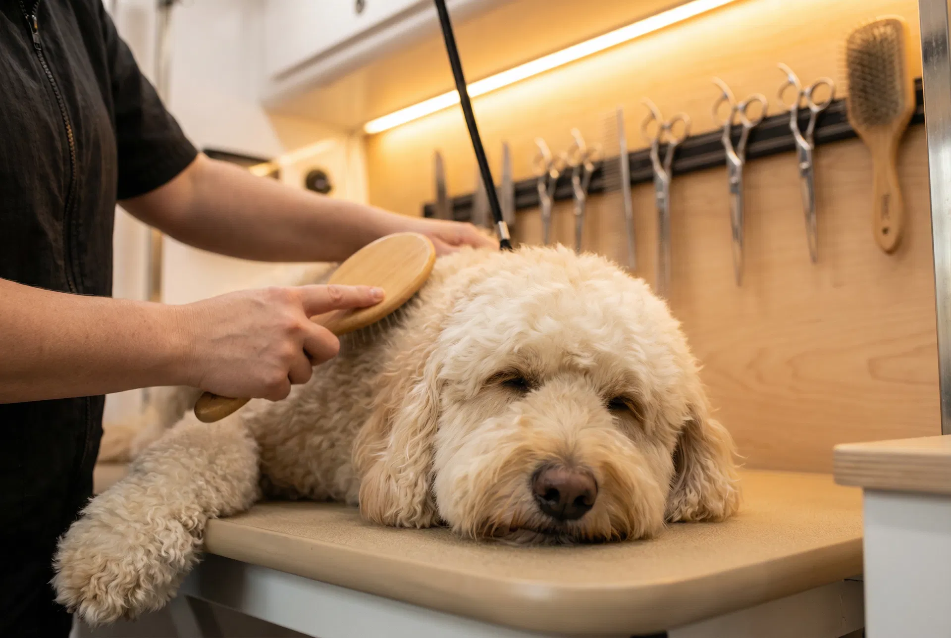 A calm Goldendoodle being gently brushed during a mobile grooming session at Cuddles N Suds