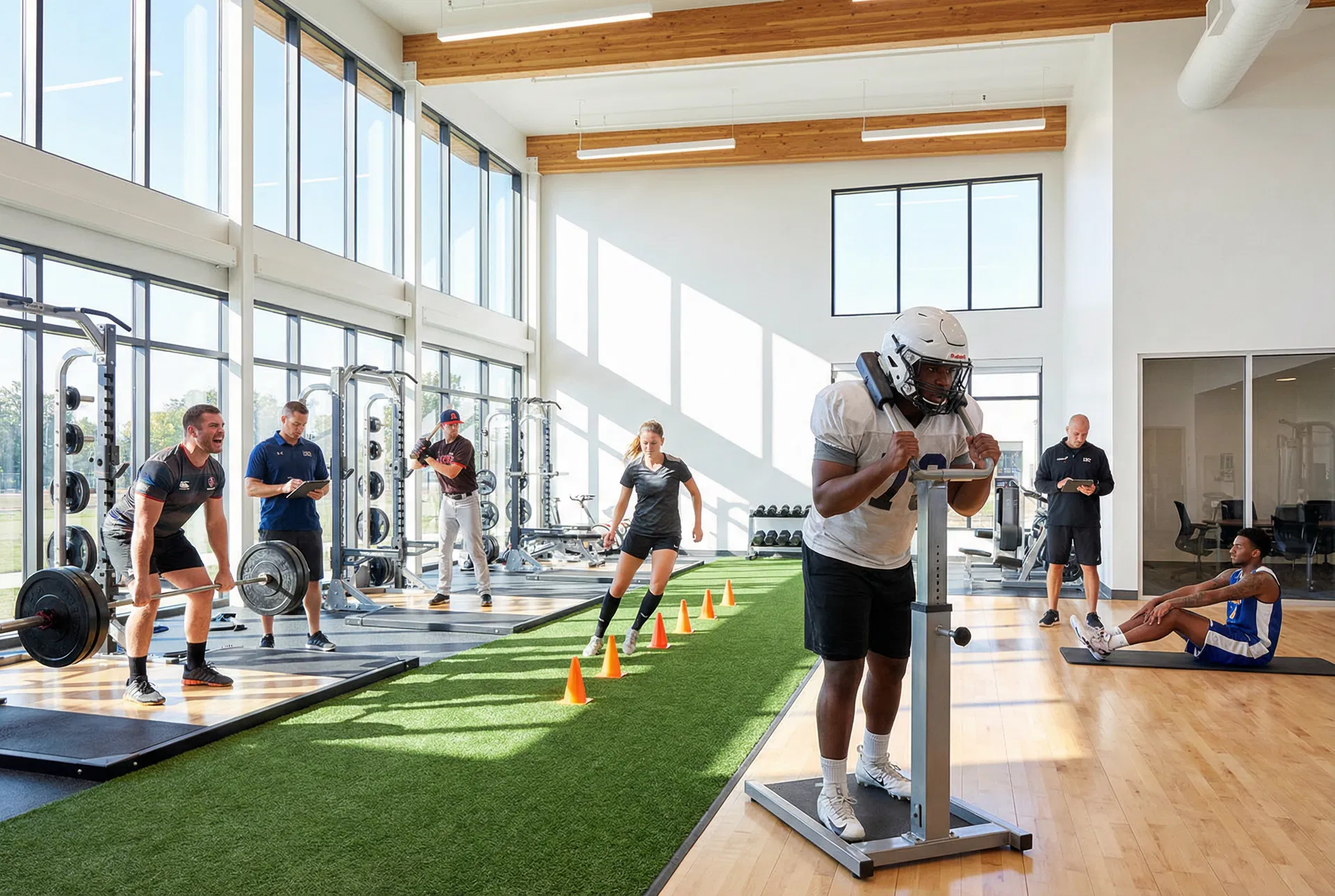 Multi-sport athletes training in a performance gym