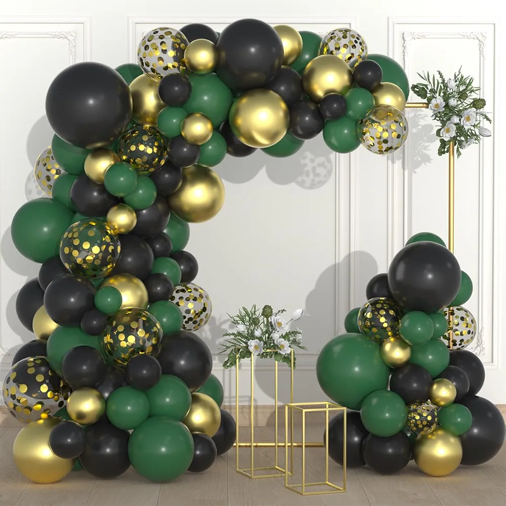 Sötétzöld-fekete-arany lufi boltív szett – emerald green, fekete és metál arany lufikkal – party dekoráció (szülinap/évforduló/esküvő)