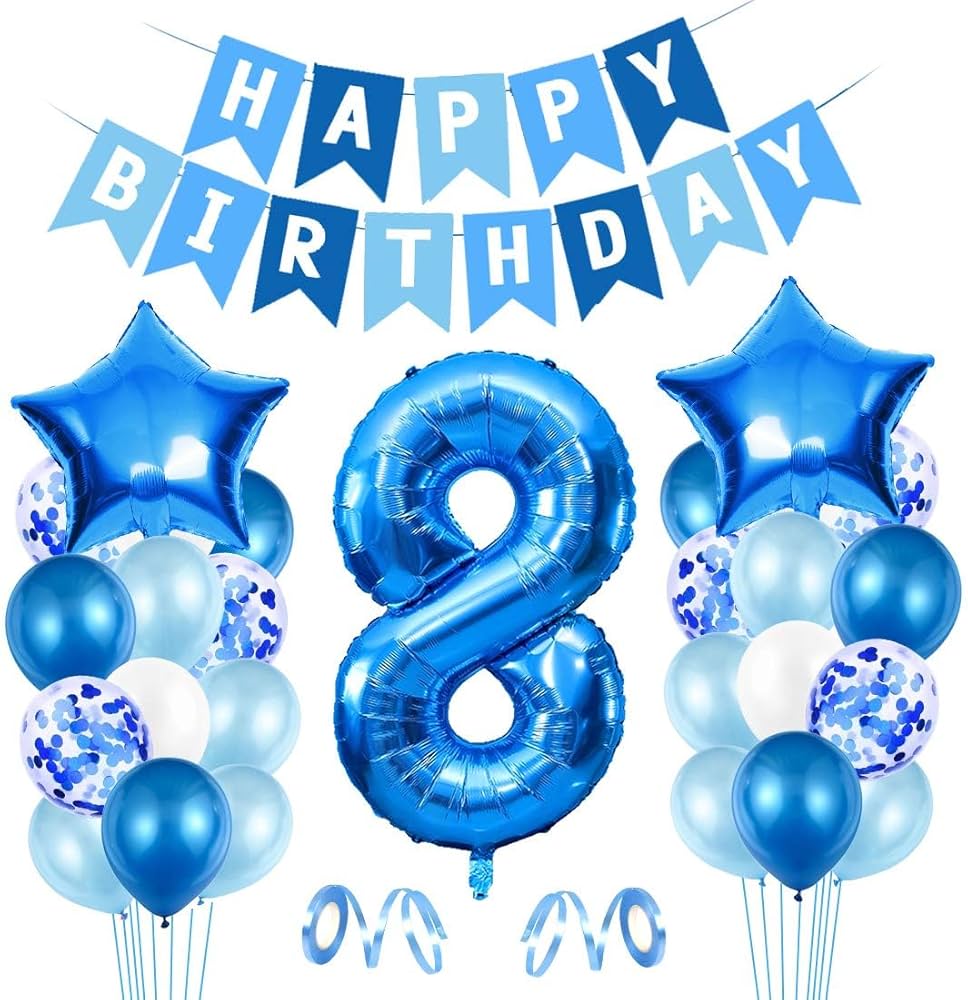 8. születésnapi lufi dekoráció (kék) – Happy Birthday fólia lufi – óriás „8" szám lufi – 8 éves fiúnak