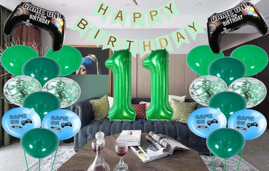 ZWWsullo 11. szülinapi gamer dekoráció (zöld) – game controller lufik + Happy Birthday banner – videojáték party díszítés fiúknak