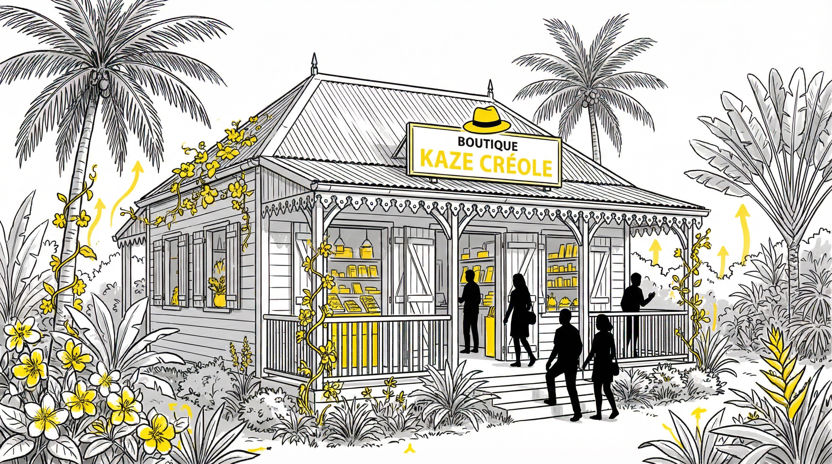Illustration d'une boutique créole (kaze) prospère à la Réunion représentant le growth marketing local