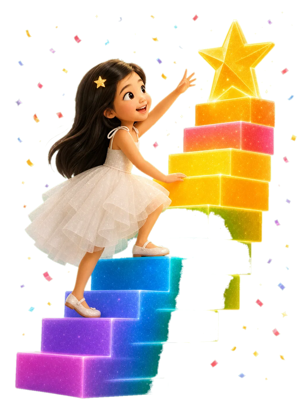 Harper climbing rainbow blocks to reach a star