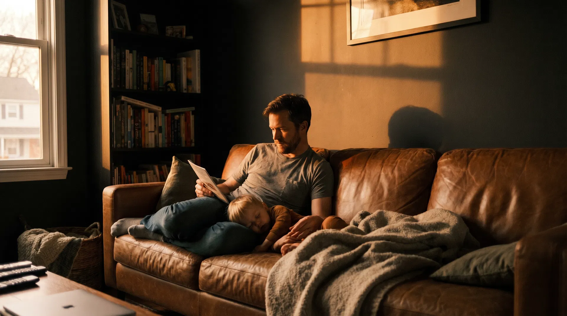 Father and child on a couch at golden hour