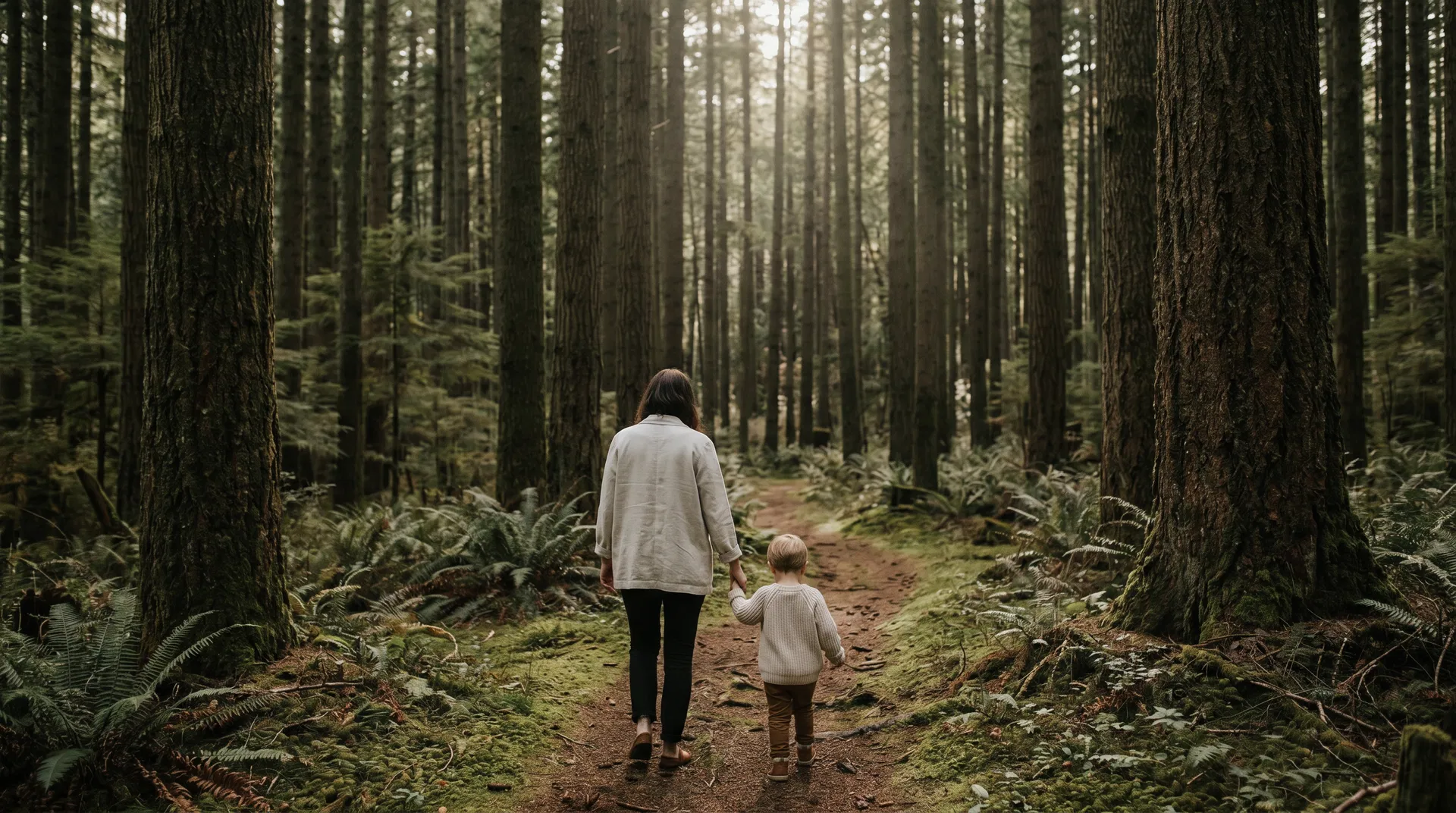 Parent and child walking through a forest