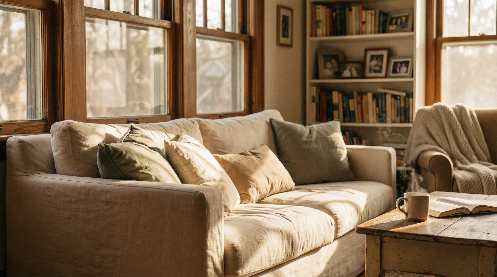A warm, sunlit living room