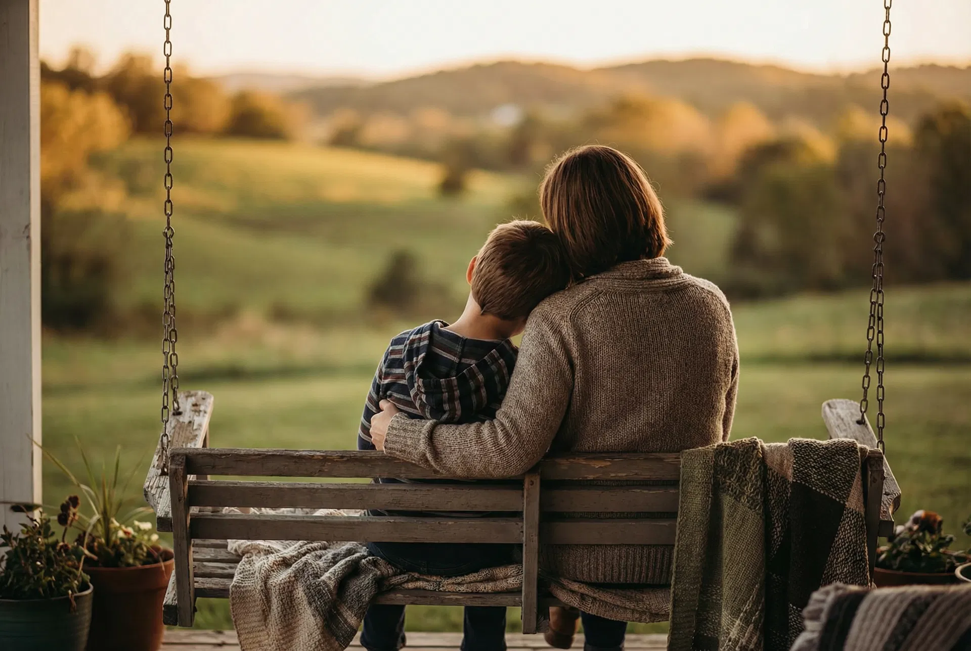 Parent and child on a porch swing at golden hour