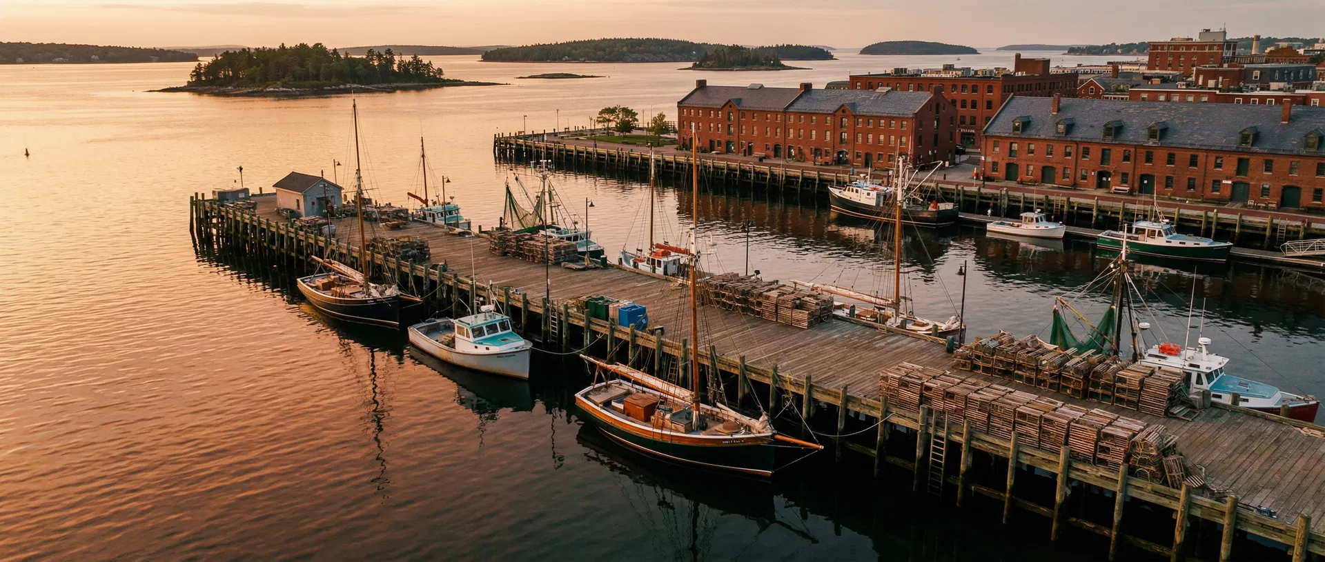 Portland Maine harbor at golden hour