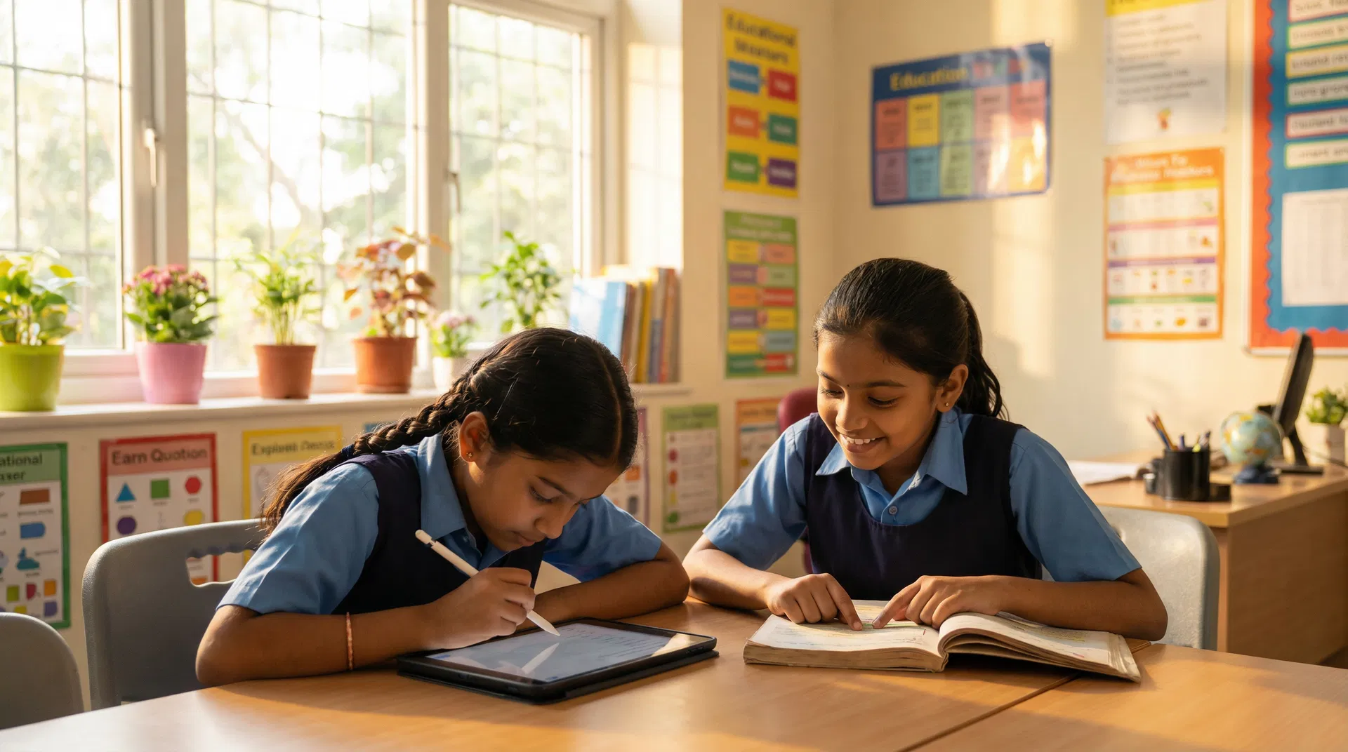 Two girls studying together with a tablet and textbook in a bright classroom