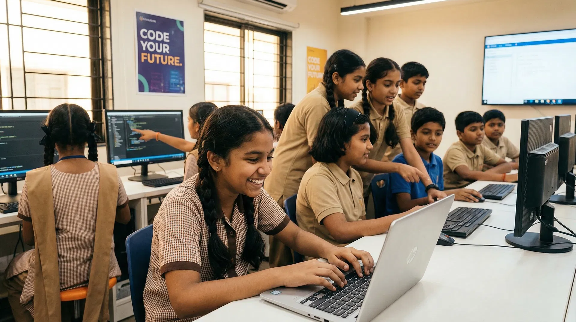 Children learning to code in a computer lab supported by Fynd Foundation