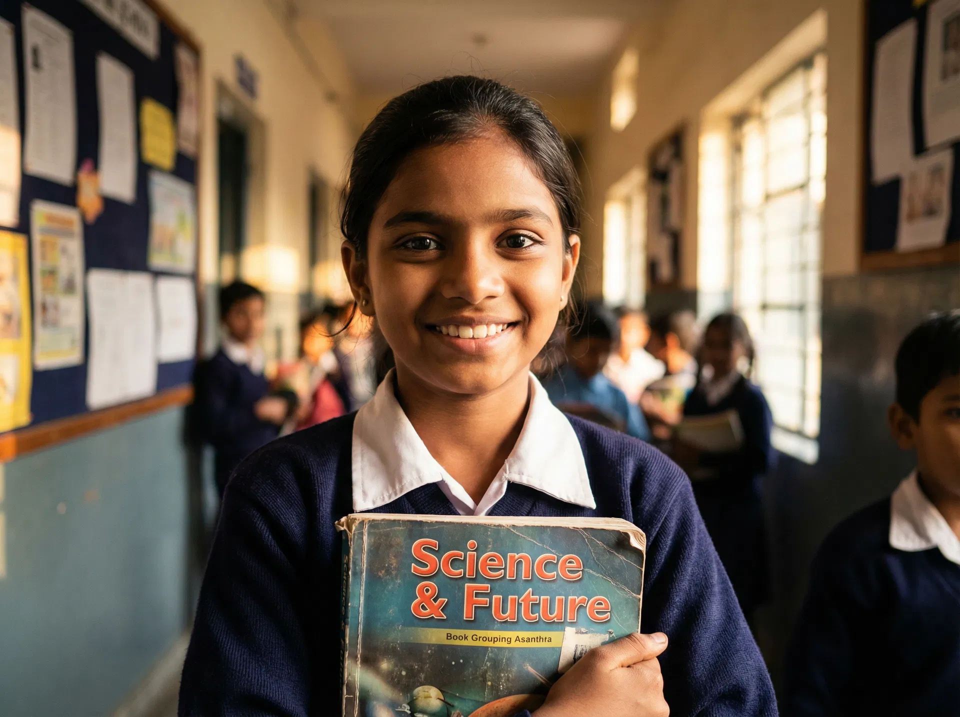 A young Indian girl holding a science book, smiling confidently — empowered through Fynd Foundation