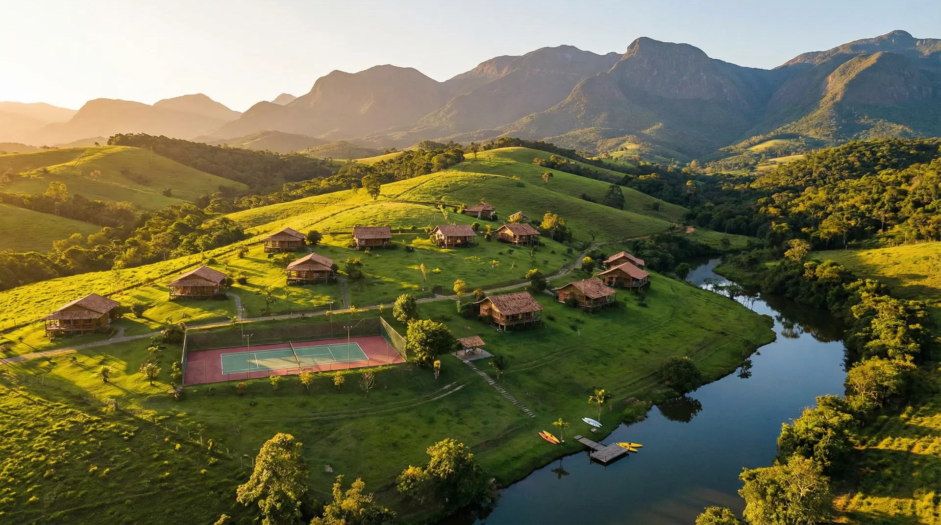 Visão aérea geral da Fazenda Refúgio com todas as 16 chácaras exclusivas
