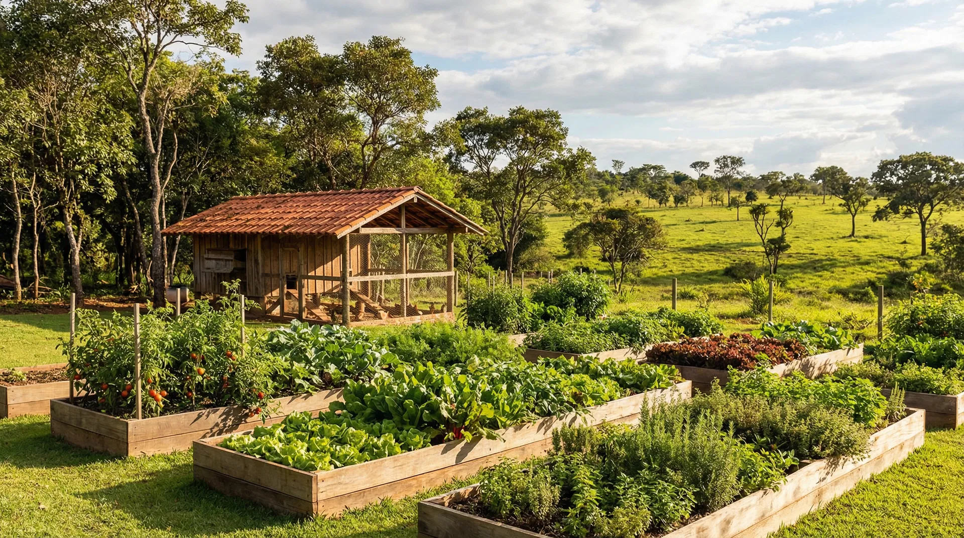 Horta orgânica e galinheiro privativo em cada propriedade da Fazenda Refúgio