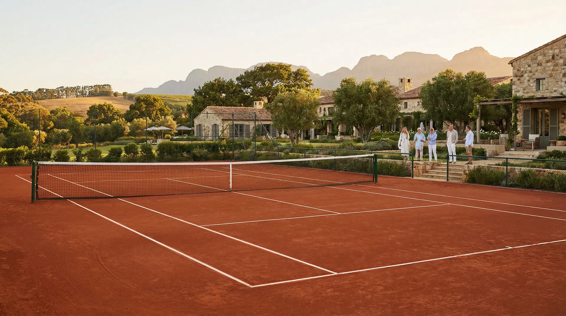 Quadra de tênis de saibro profissional privativa em cada chácara