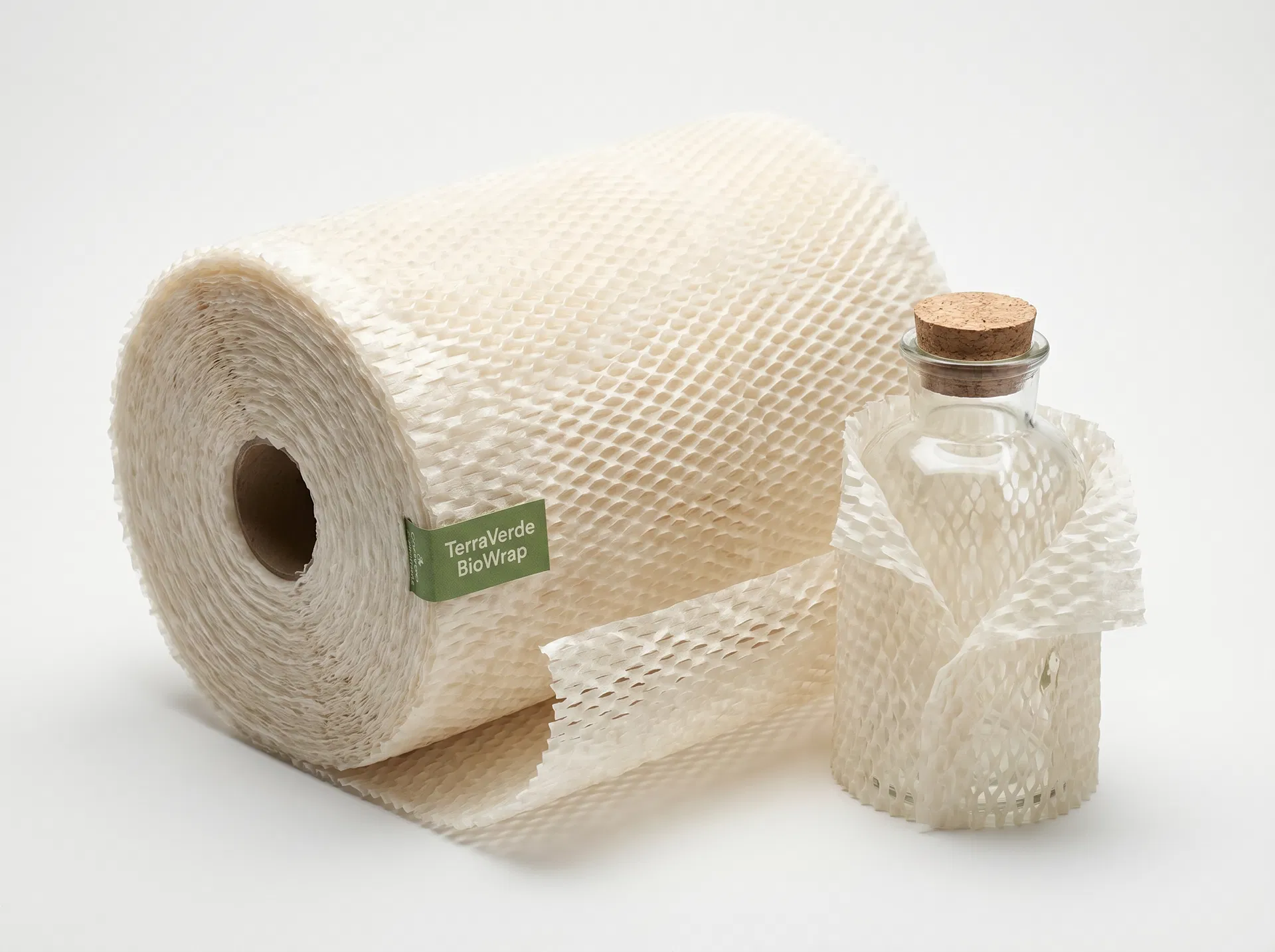 Packshot do BioWrap TerraVerde — papel bolha compostável de celulose de cana protegendo garrafa de vidro