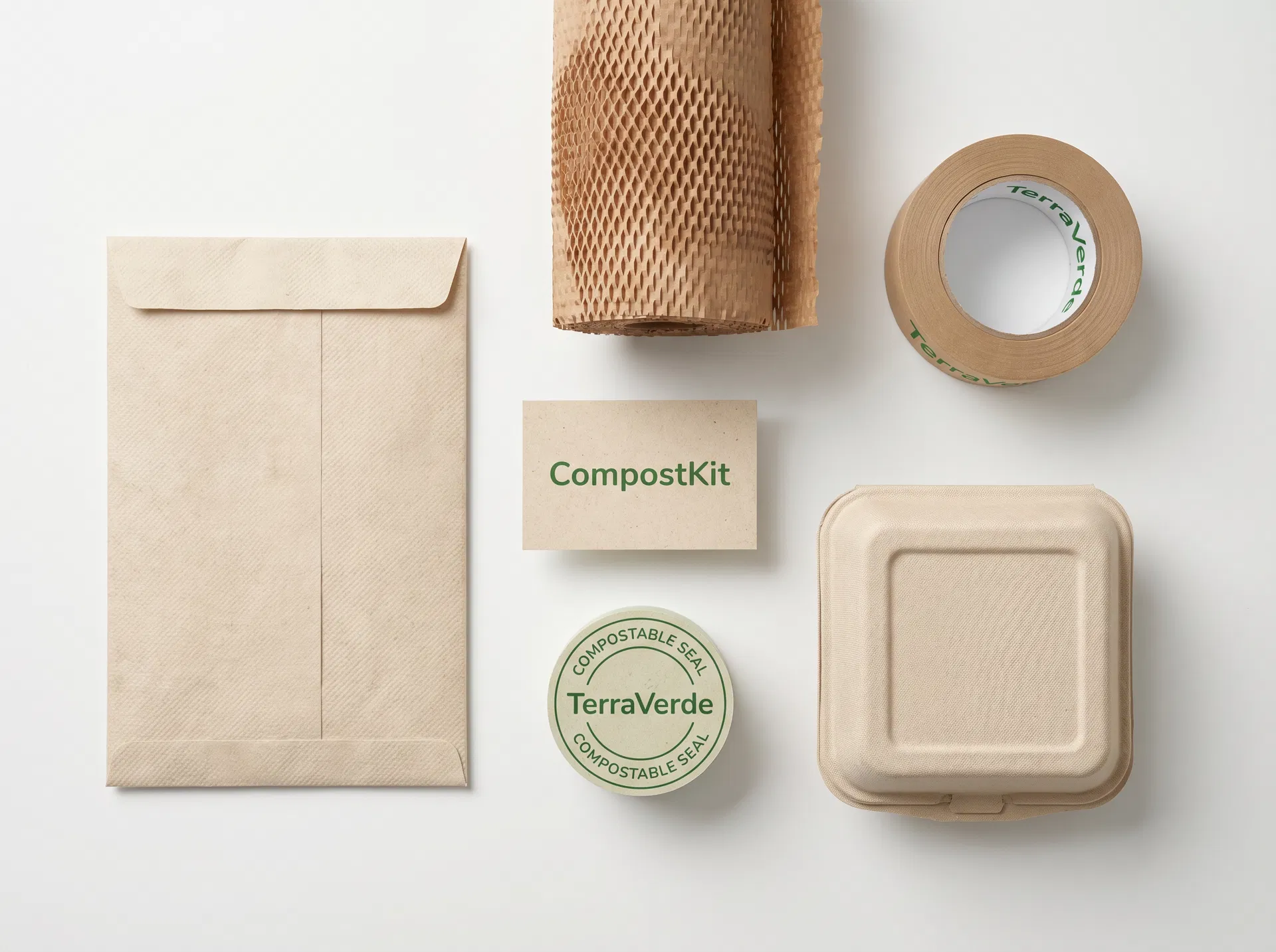 Packshot do CompostKit TerraVerde — kit completo de embalagem sustentável com envelope, BioWrap, fita e selo