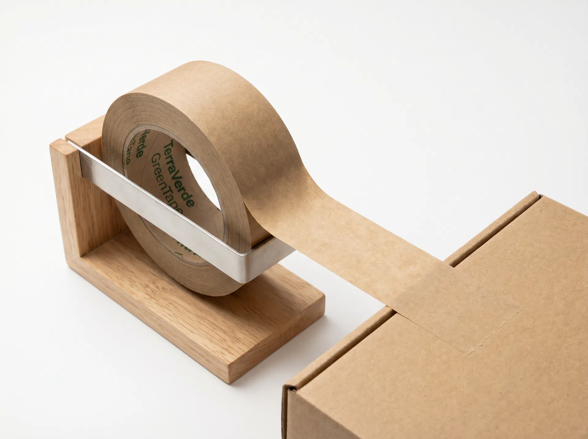 Packshot da GreenTape TerraVerde — fita adesiva biodegradável em dispensador de madeira