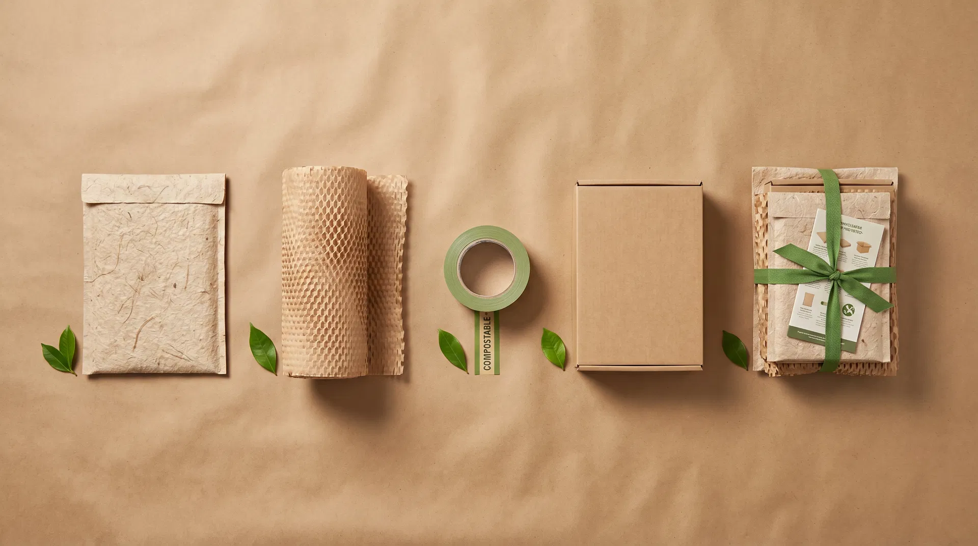 Linha completa de produtos TerraVerde: EcoEnvelope, BioWrap, GreenTape, CanaBox e CompostKit