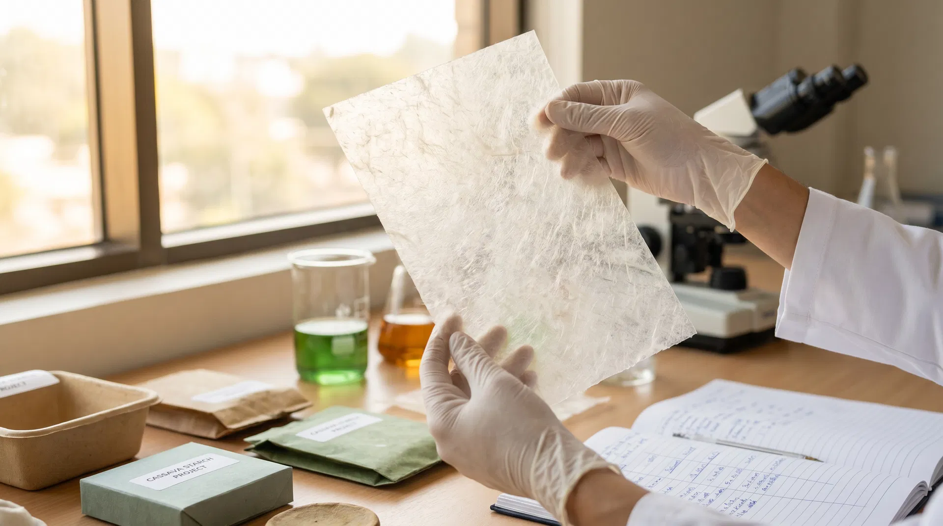 Laboratório TerraVerde em Campinas — pesquisadora analisando material compostável de amido de mandioca