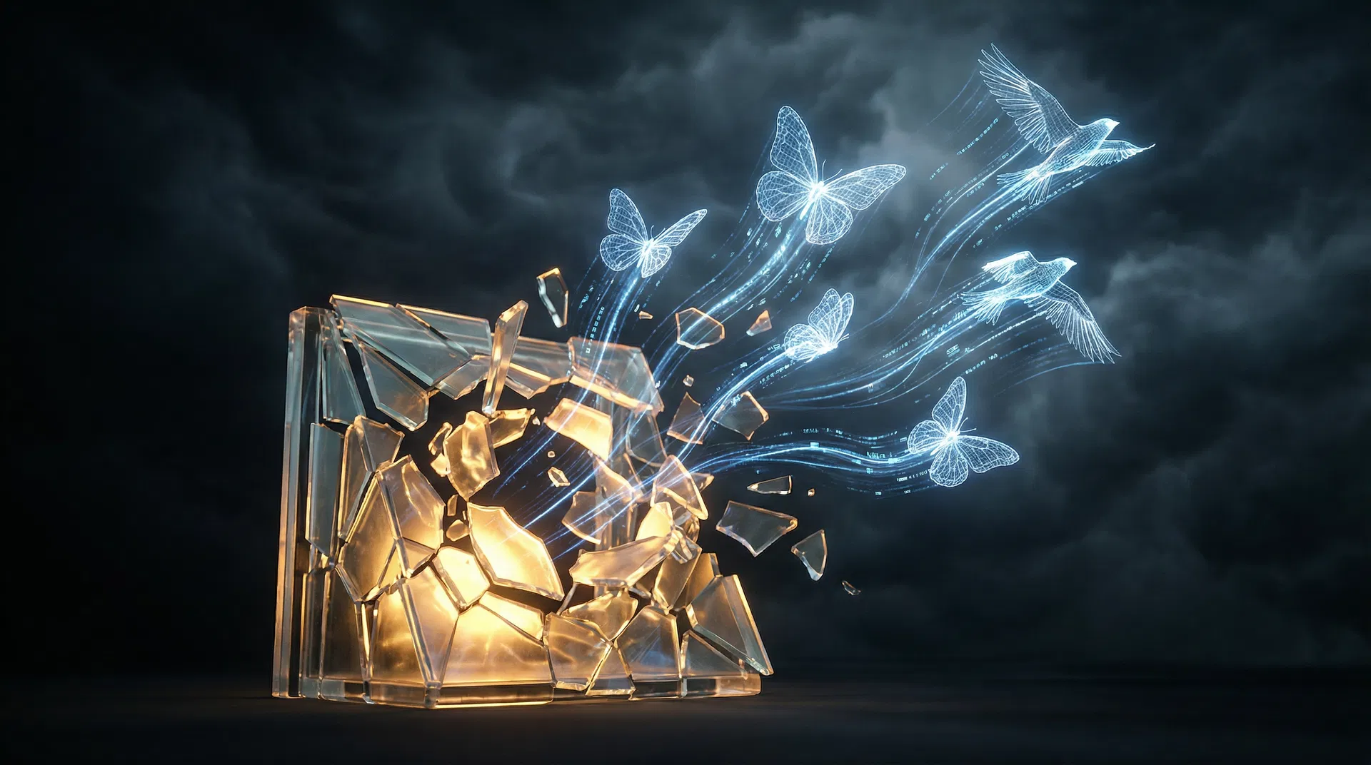 Destruição criativa — vidro se transformando em borboletas de luz