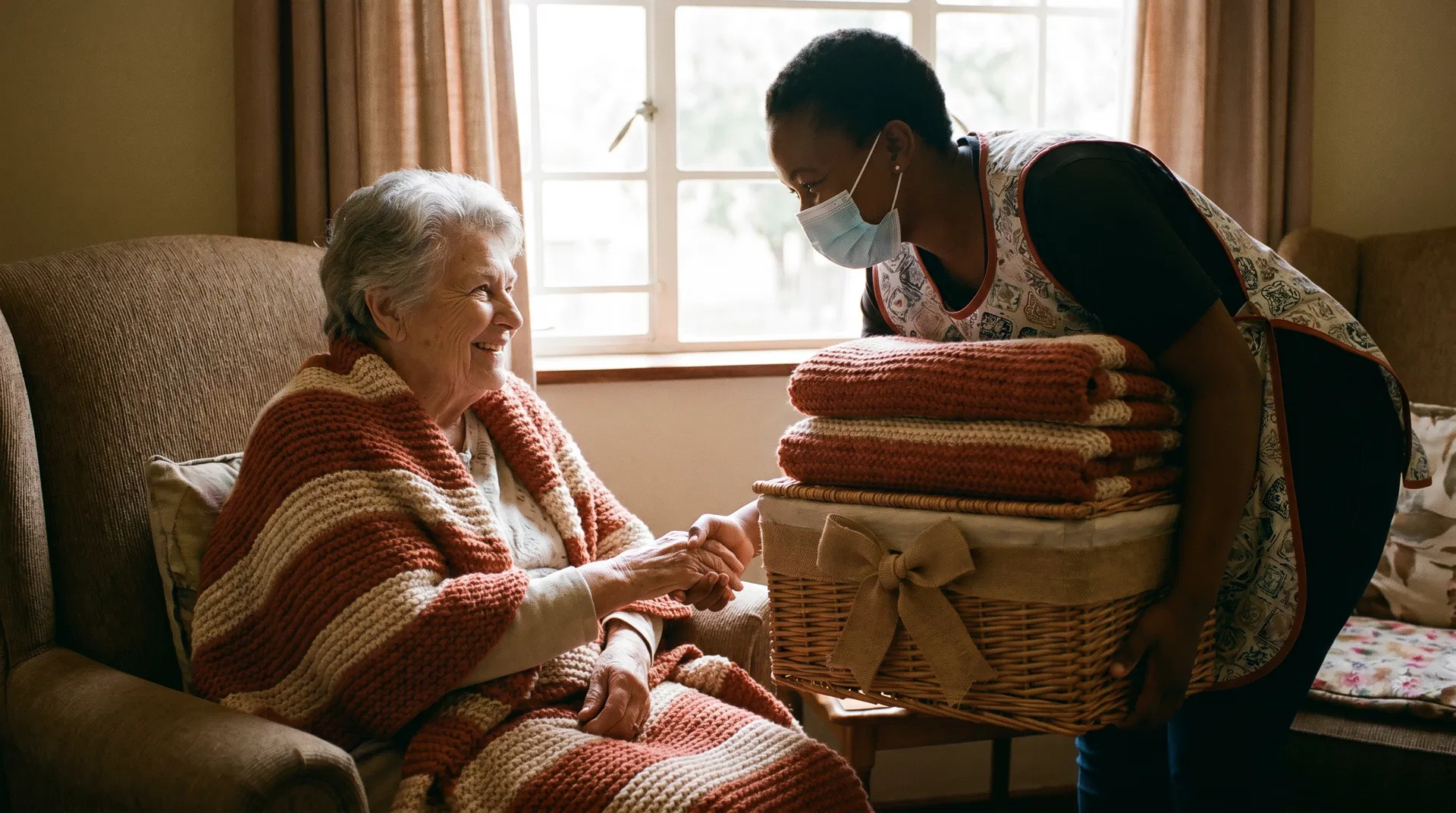 Handmade blankets being delivered to a care home resident