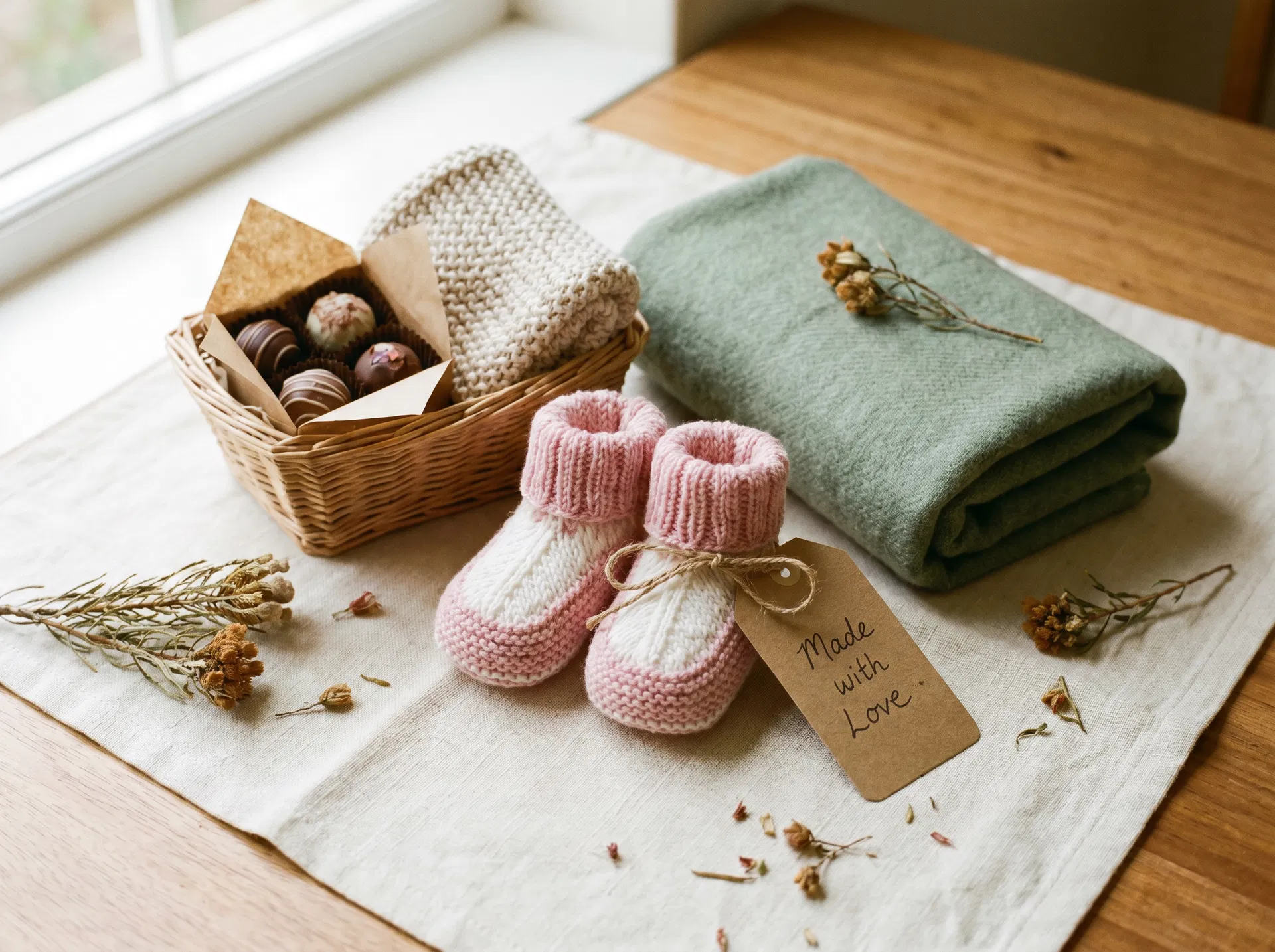 Handmade baby booties, chocolates, and gift hampers