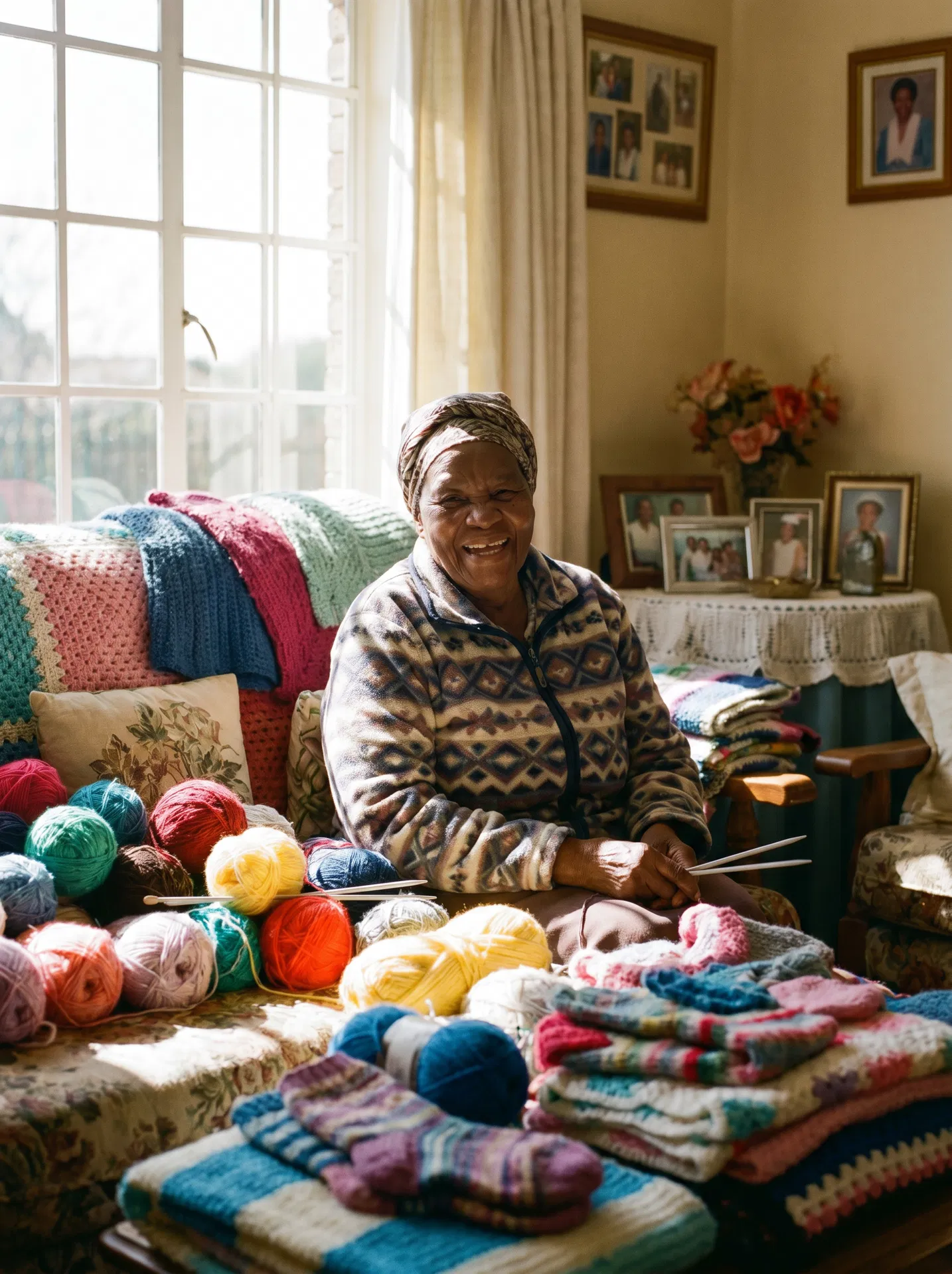 Gran in her home surrounded by her knitting