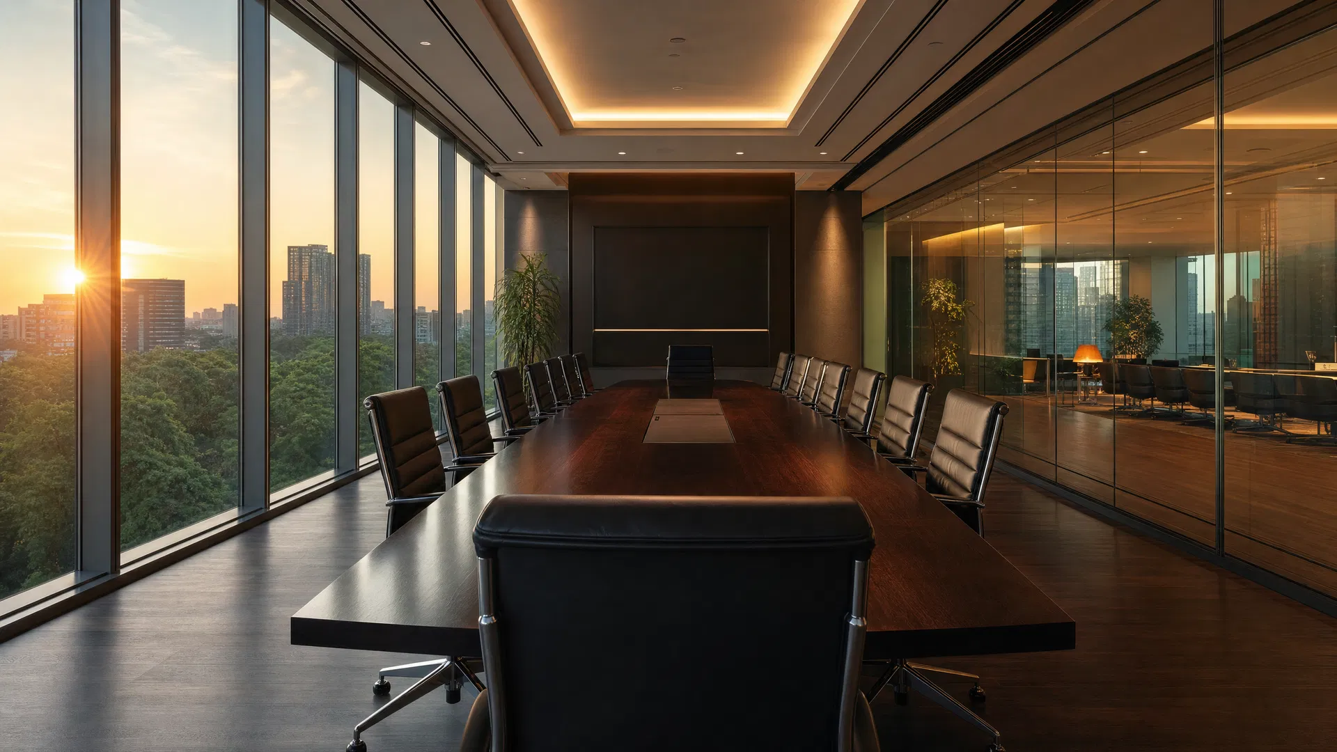 Professional biotech boardroom setting