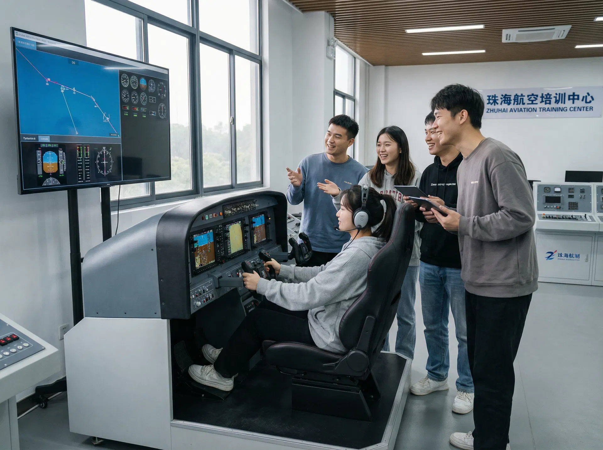 團員在珠海航空培訓中心體驗飛行模擬器