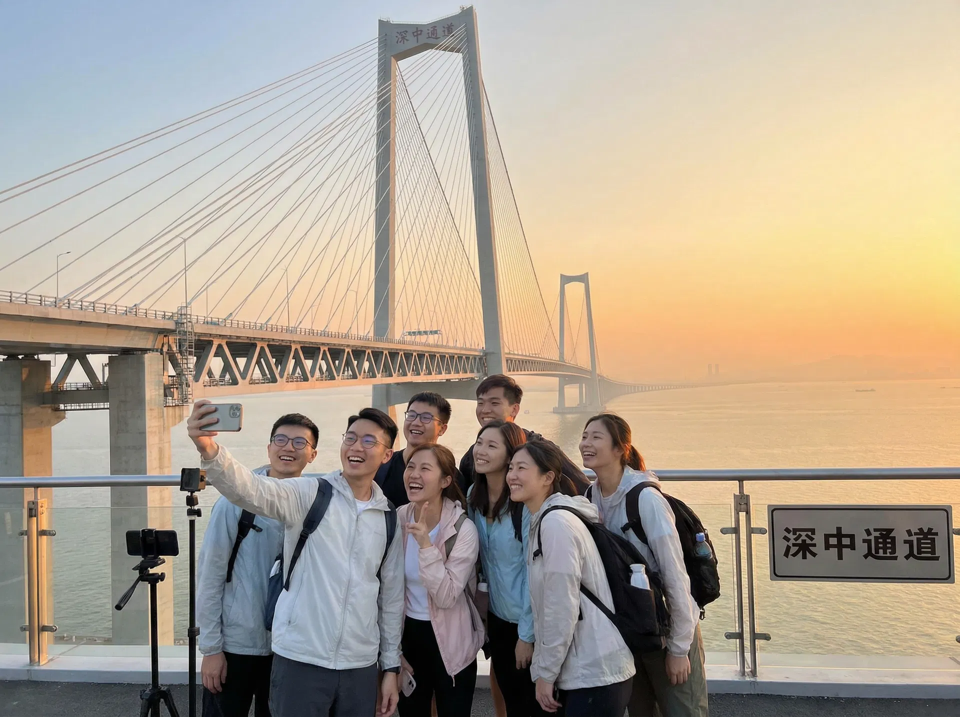 團員在深中通道觀景台合影留念，背景為壯觀的跨海大橋