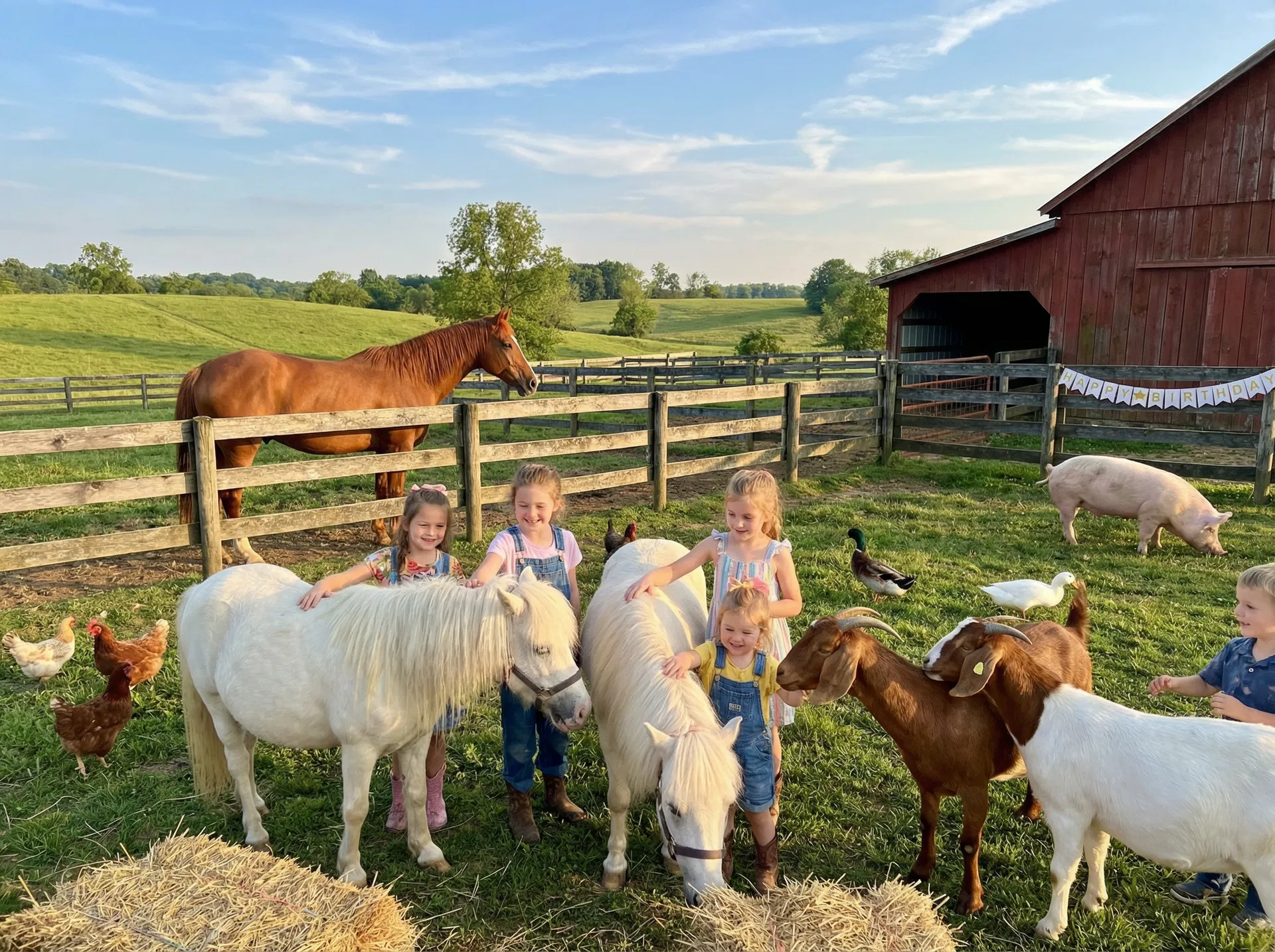 Petting zoo with white ponies, goats, chickens, ducks and horses at Queenslake