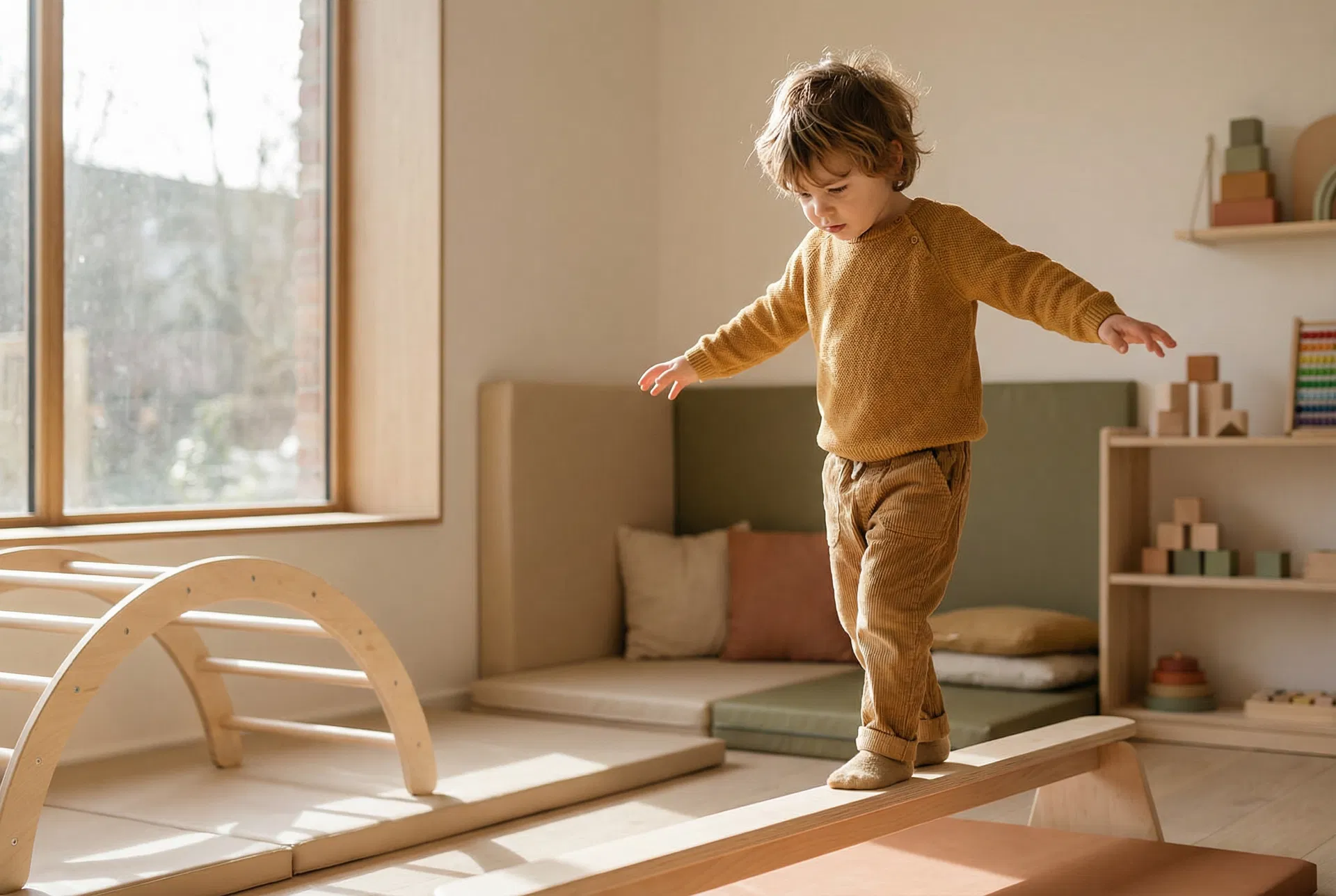 Young child balancing on a wooden beam developing motor skills