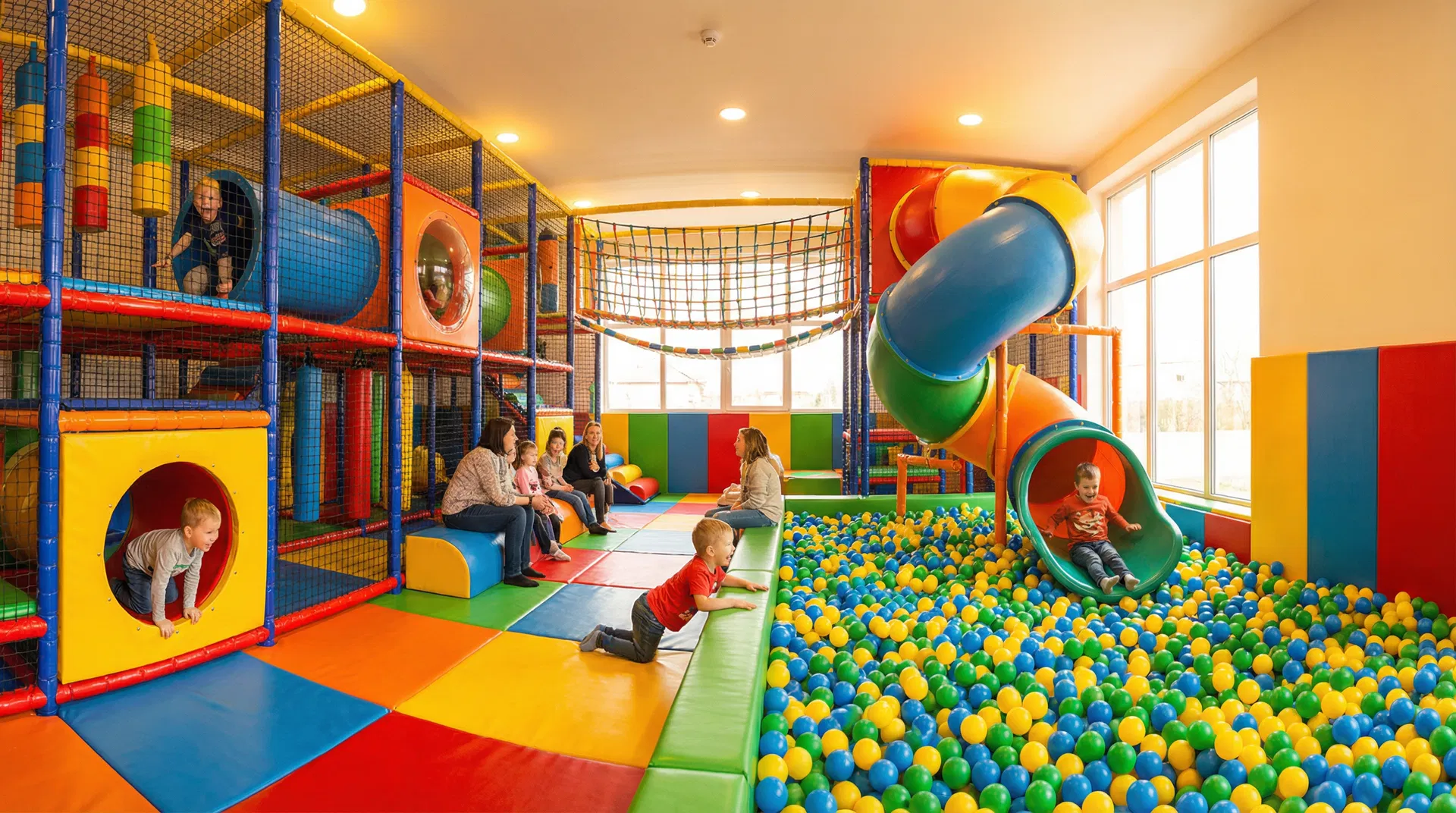 Children playing in a colourful soft play centre with slides and ball pits