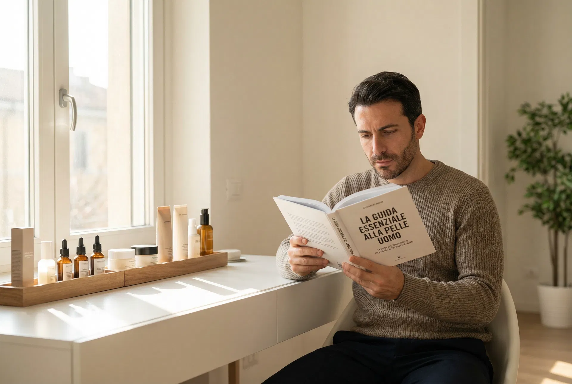 Uomo italiano che legge guida skincare con prodotti viso naturali sul tavolo