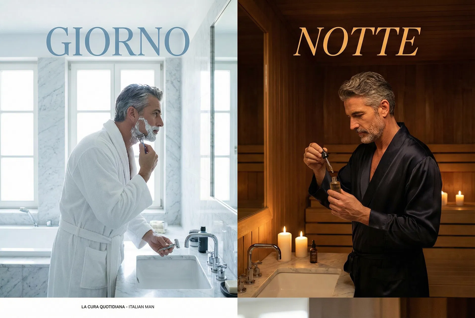 Routine skincare uomo mattina e sera: split giorno con luce solare e notte con candele