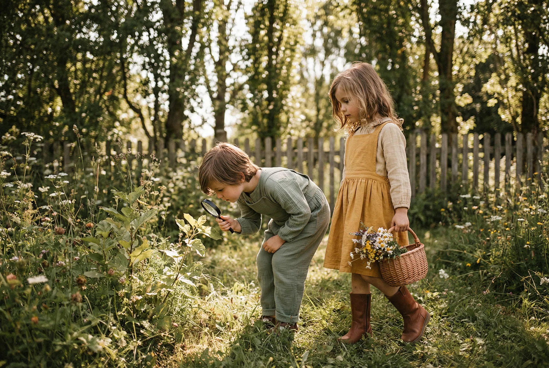 Children exploring nature in a garden, one examining a leaf with a magnifying glass while another collects wildflowers in a basket