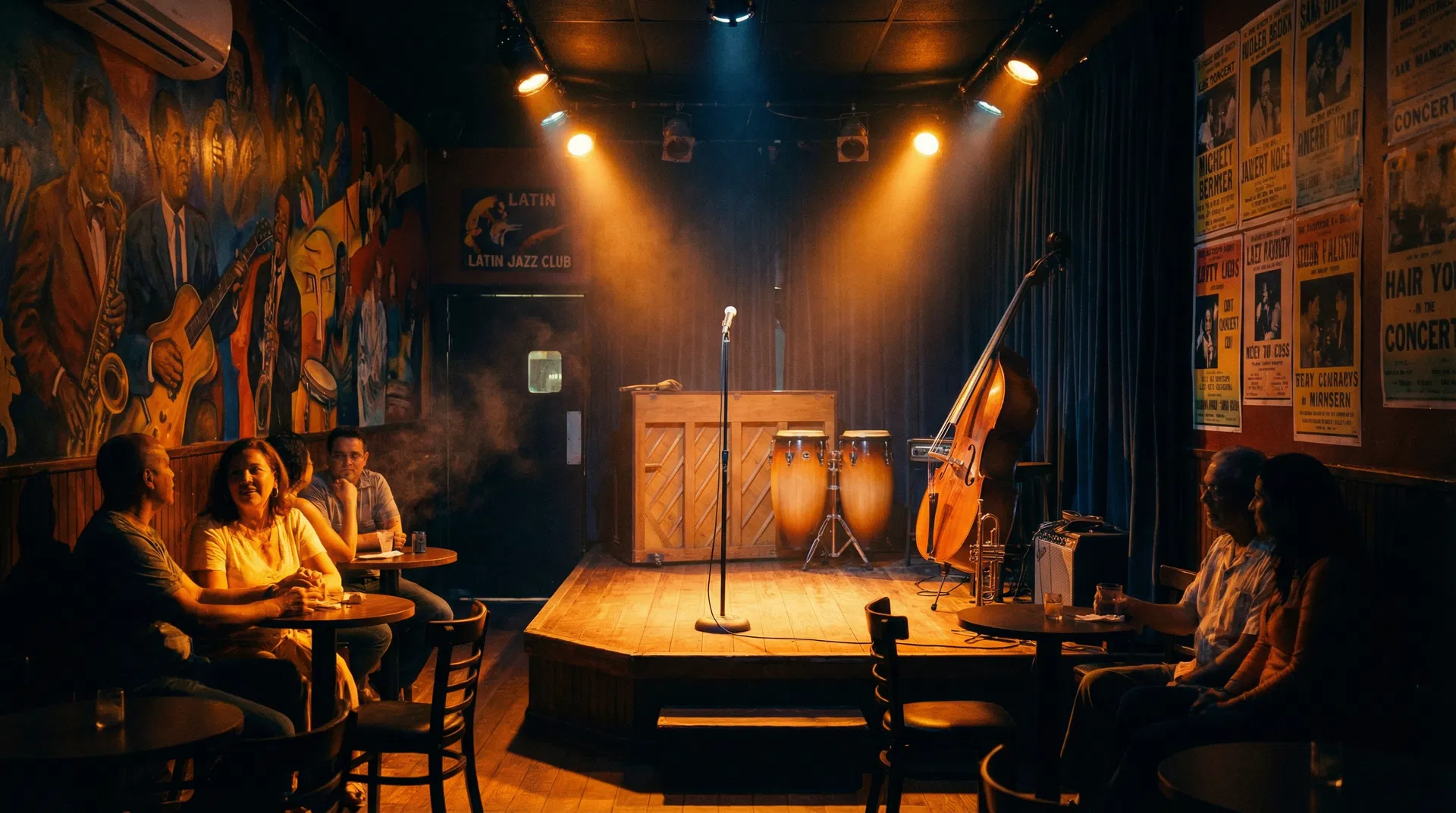 Latin jazz club atmosphere with warm lighting and musical instruments